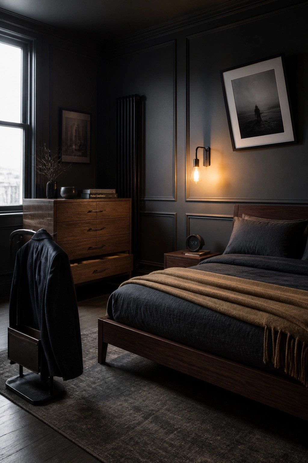 A dark bedroom with a wooden bed, a valet stand holding a jacket in the foreground, a wooden dresser, and framed art on dark paneled walls.