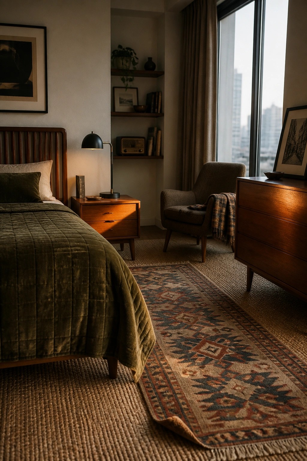 Cozy modern bedroom with green velvet bed, wooden furniture, patterned rug, and city view.
