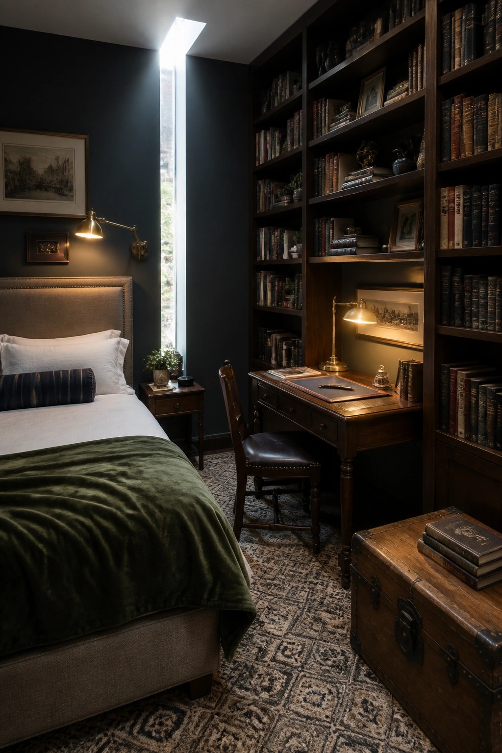Dark navy bedroom with tall bookshelves, wooden desk, green velvet bed, narrow window.