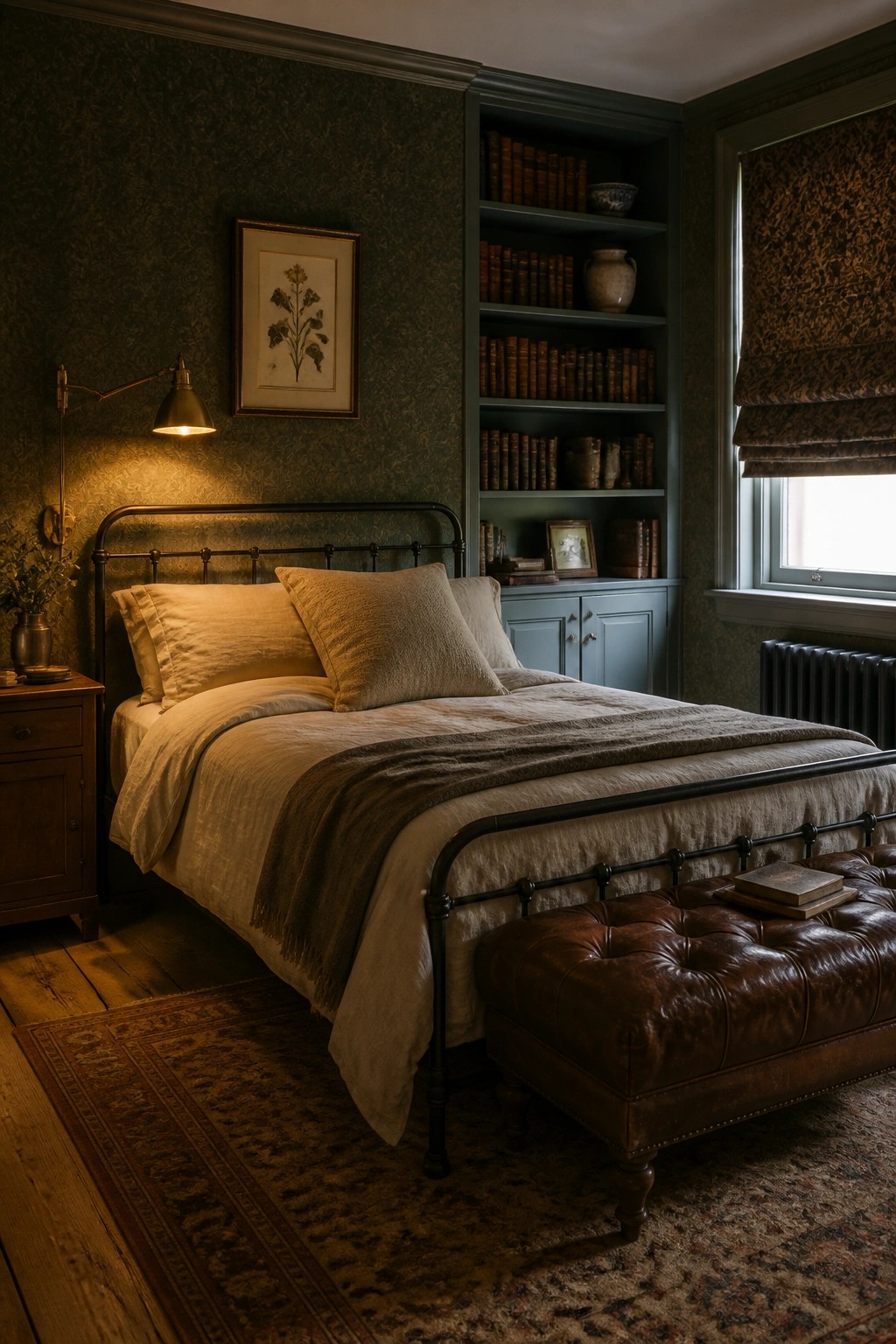 A bedroom with dark green wallpaper, a black metal bed with neutral linens, built-in bookshelves filled with books and decorative items, and a brown leather ottoman at the foot of the bed.