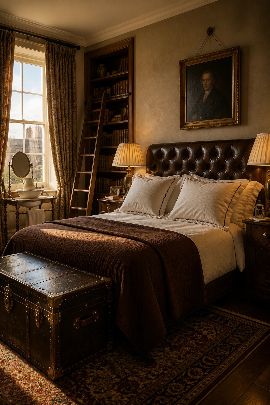Luxurious bedroom with tufted leather headboard, antique trunk, and bookshelves with ladder.