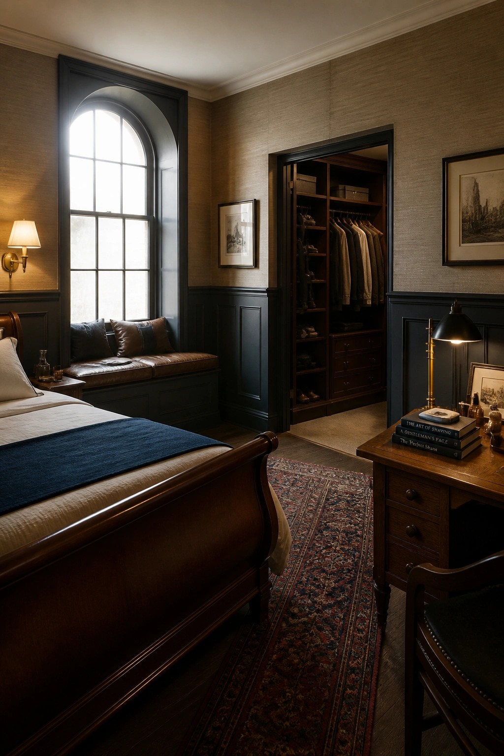 A bedroom interior showing a dark wood sleigh bed, an arched window with a cushioned seat, and an open built-in closet with hanging clothes, shelves, and drawers.