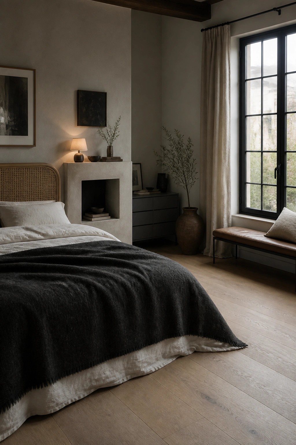 A bedroom with a bed dressed in white and dark gray linens beside a recessed concrete niche that holds a lamp, books, and small bowls.