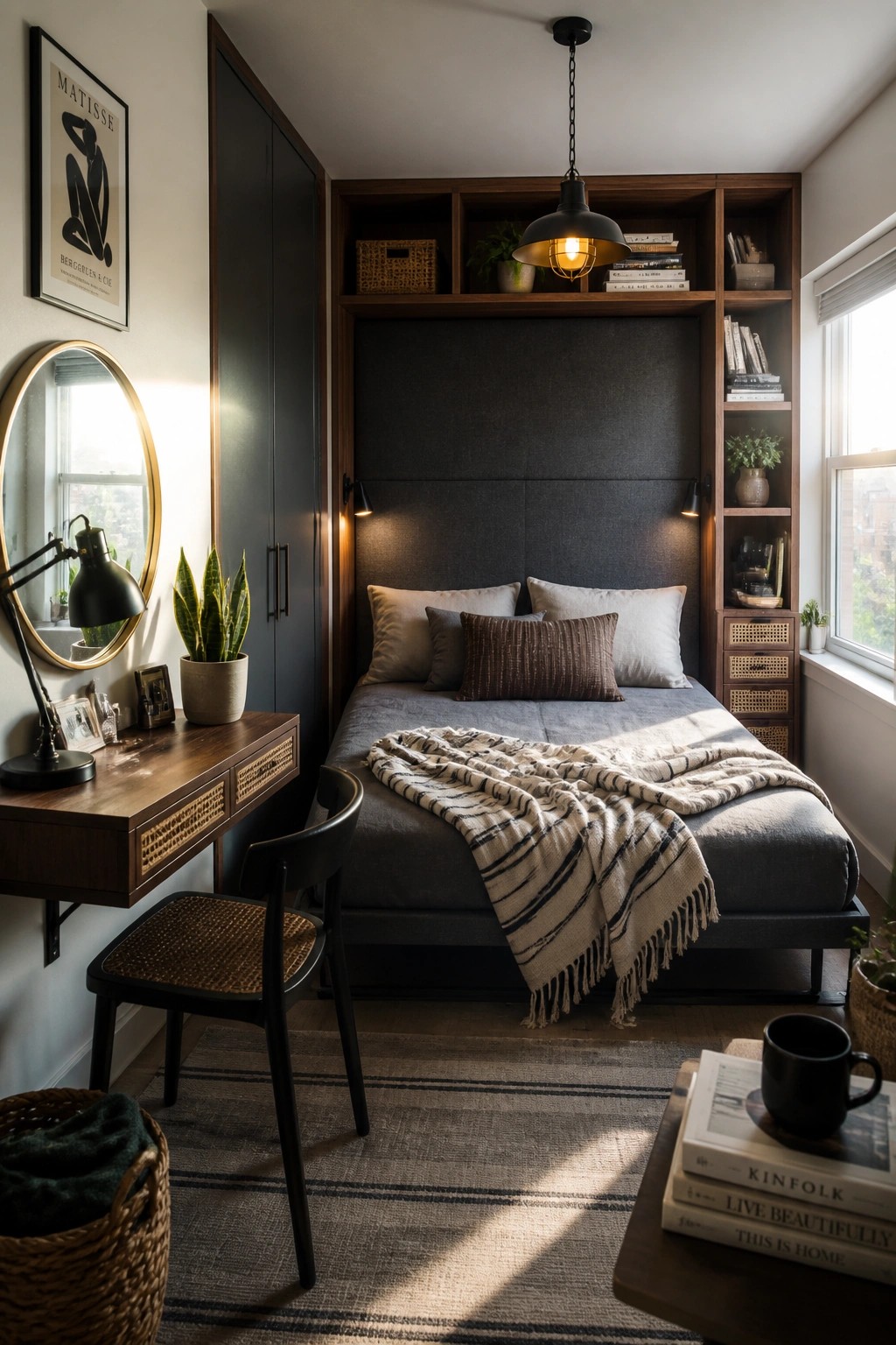 A compact bedroom featuring a bed set into a dark upholstered alcove with wooden built-in shelves on both sides and above, holding books, plants, and storage baskets, alongside a wall-mounted desk and round mirror.