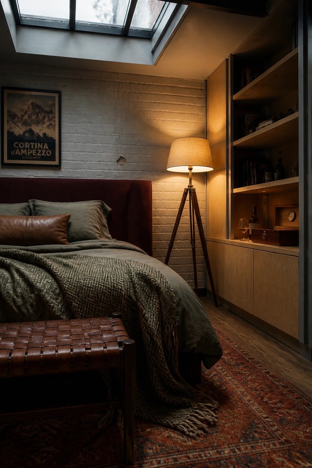 A bedroom interior showing a bed with a red headboard, a tripod floor lamp, and a tall wooden built-in unit with open shelves and cabinets against a white brick wall.