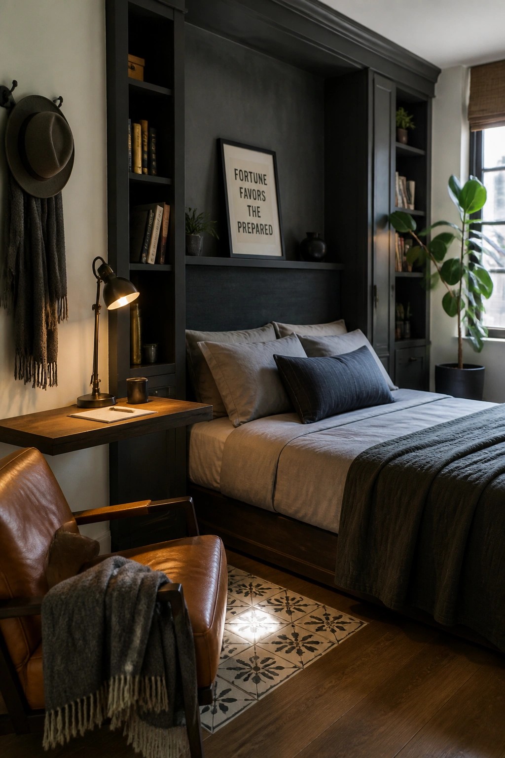 A bedroom with a bed set into dark built-in shelving units filled with books, a wooden desk with a lamp on the left, and a brown leather chair in the foreground.
