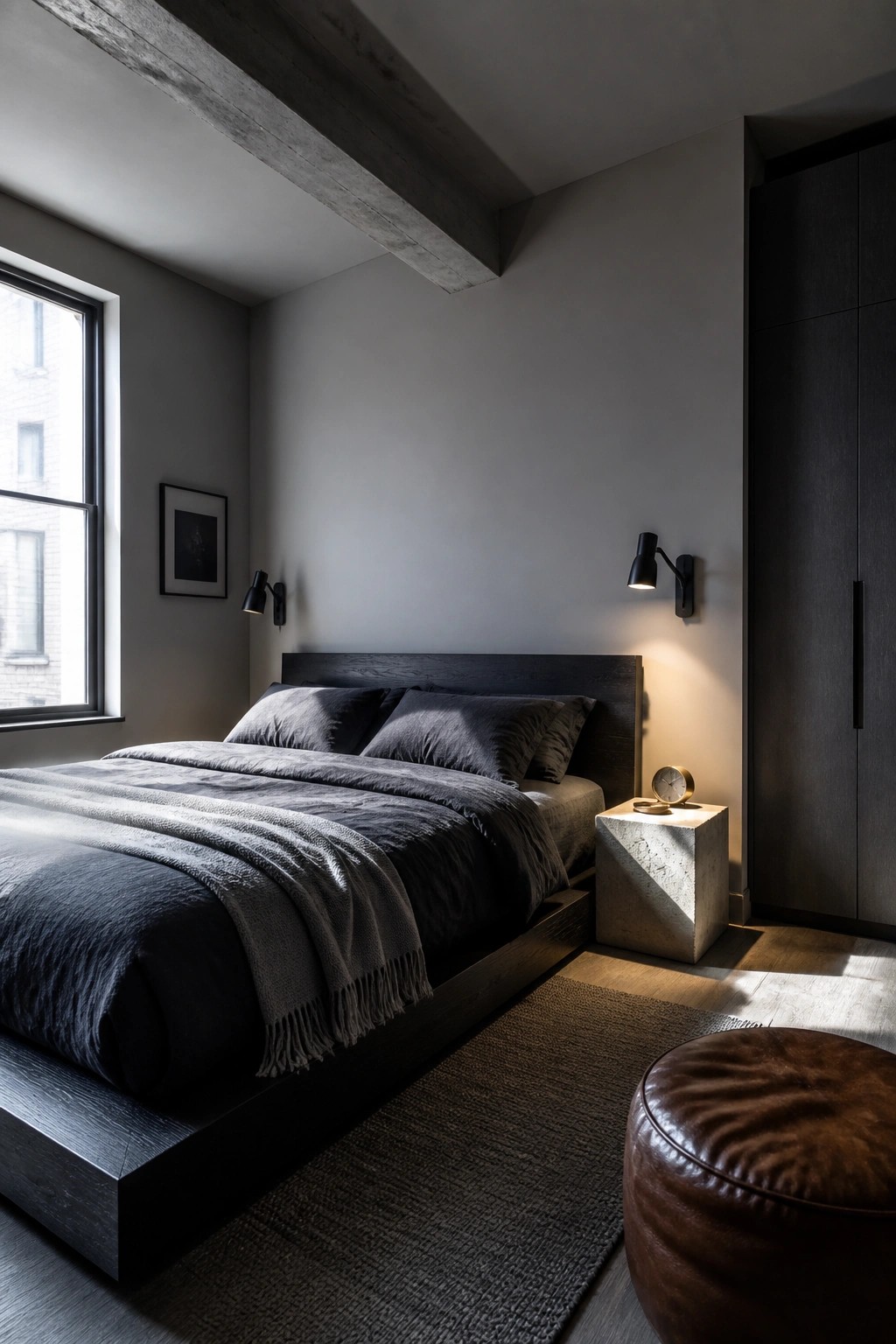 A bedroom featuring a low dark wood platform bed with layered gray bedding, black wall sconces, a concrete nightstand, and a tall dark wood cabinet.