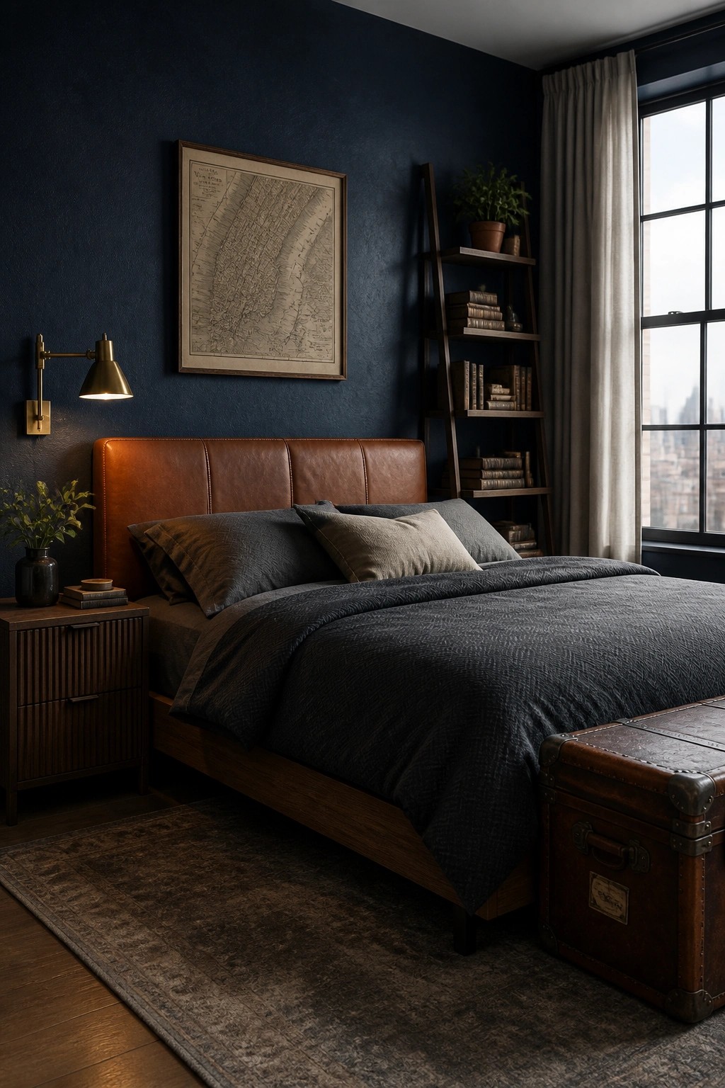 A bedroom with dark blue walls, a bed with a brown leather headboard and dark bedding, a wooden nightstand, and a large window on the right side.