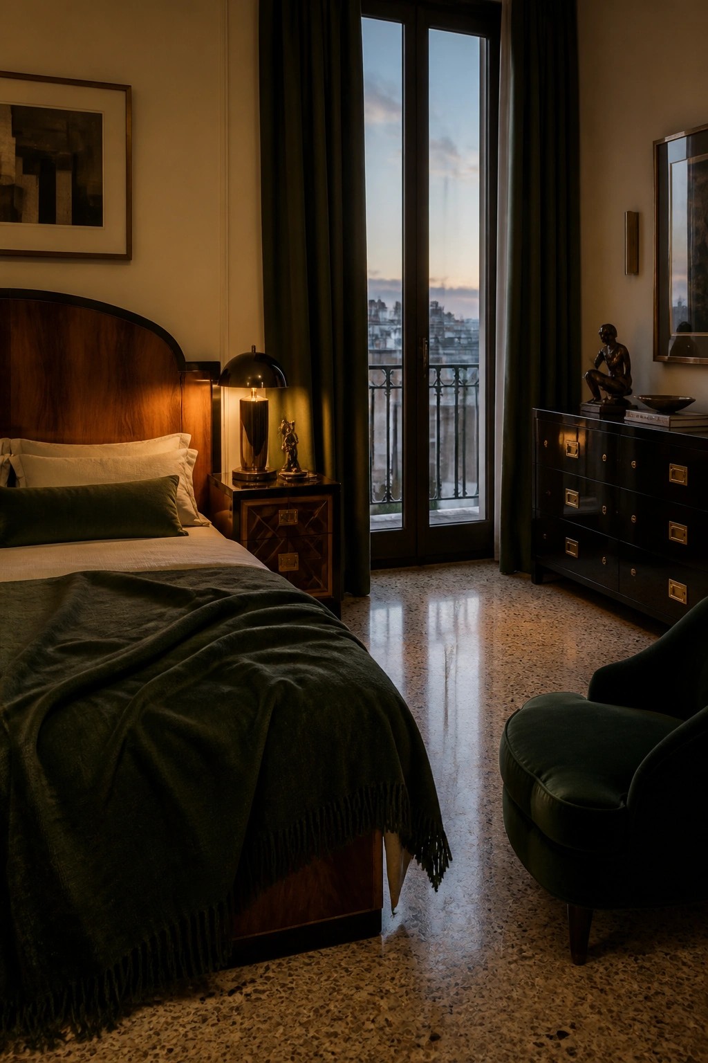 A bedroom with a dark wood bed, green textiles, a nightstand lamp, a black dresser, and glass doors opening to a city view.