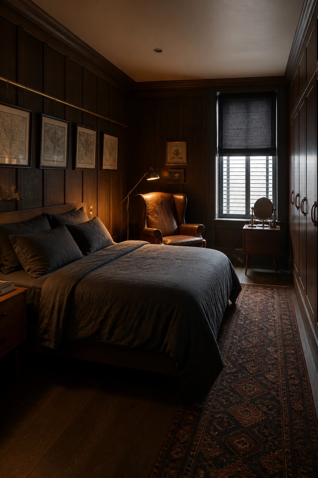 A dimly lit bedroom with dark wood paneled walls, a large bed with dark bedding, a brown leather armchair, and a patterned rug on the floor.