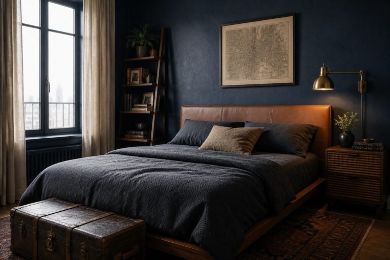 23 Practical Gentleman Bedroom Ideas for Stylish Apartment Living A bedroom with dark blue walls, a bed with a brown leather headboard and dark bedding, a wooden nightstand, and a large window on the right side.