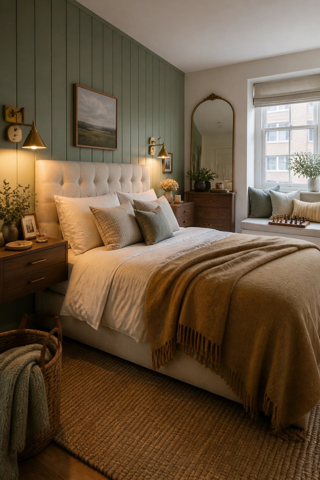 Cozy bedroom with tufted white bed, green panel wall, and brown throw.