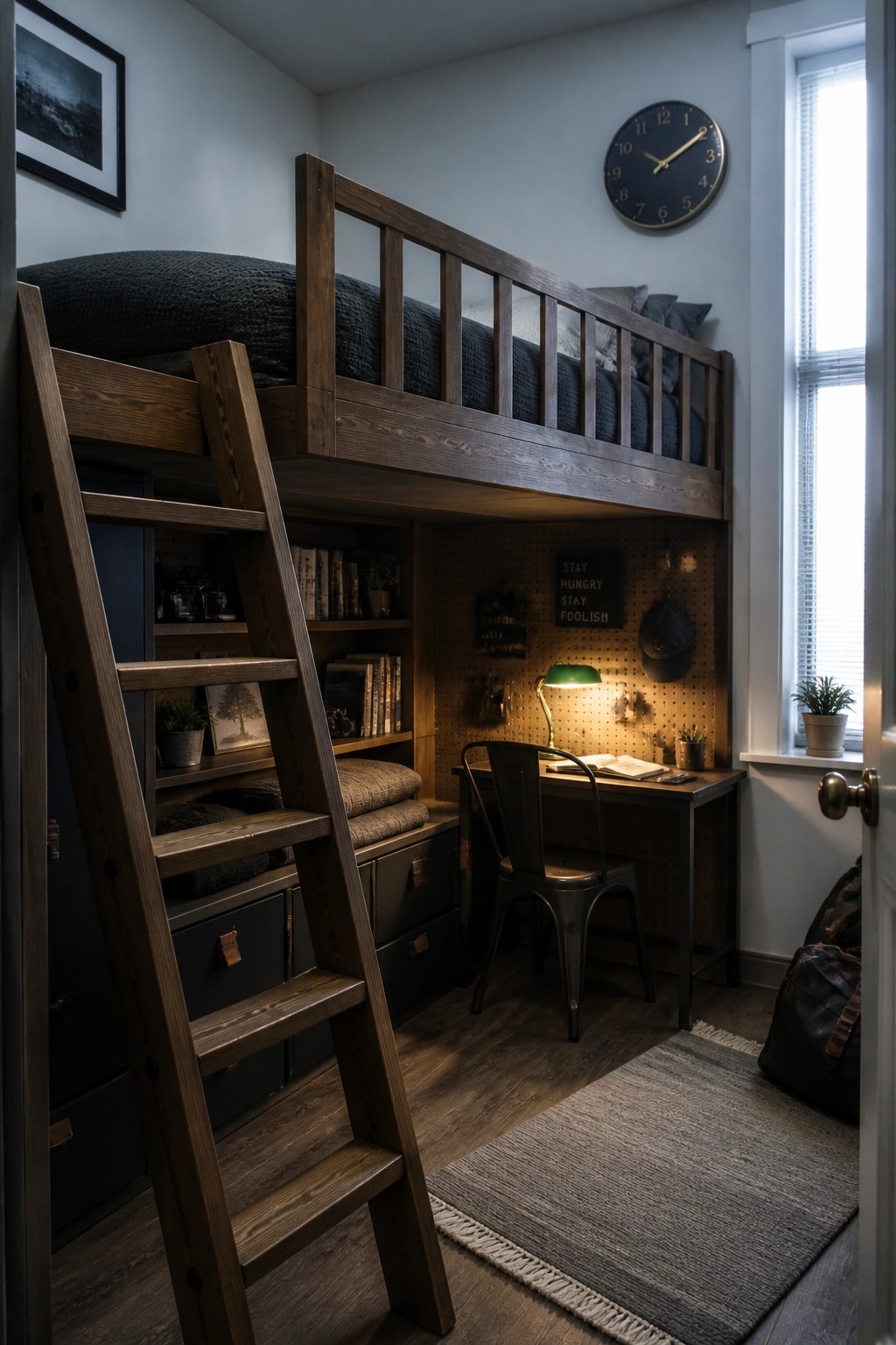 A wooden loft bed with ladder above a desk area that includes shelves, drawers, and a pegboard wall in a small bedroom.