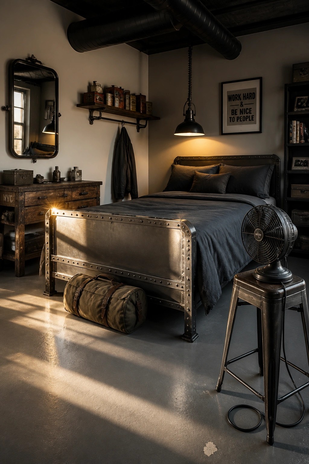 A bedroom with a large riveted metal bed frame, dark bedding, a wooden dresser, hanging industrial light, and exposed black ceiling pipes.