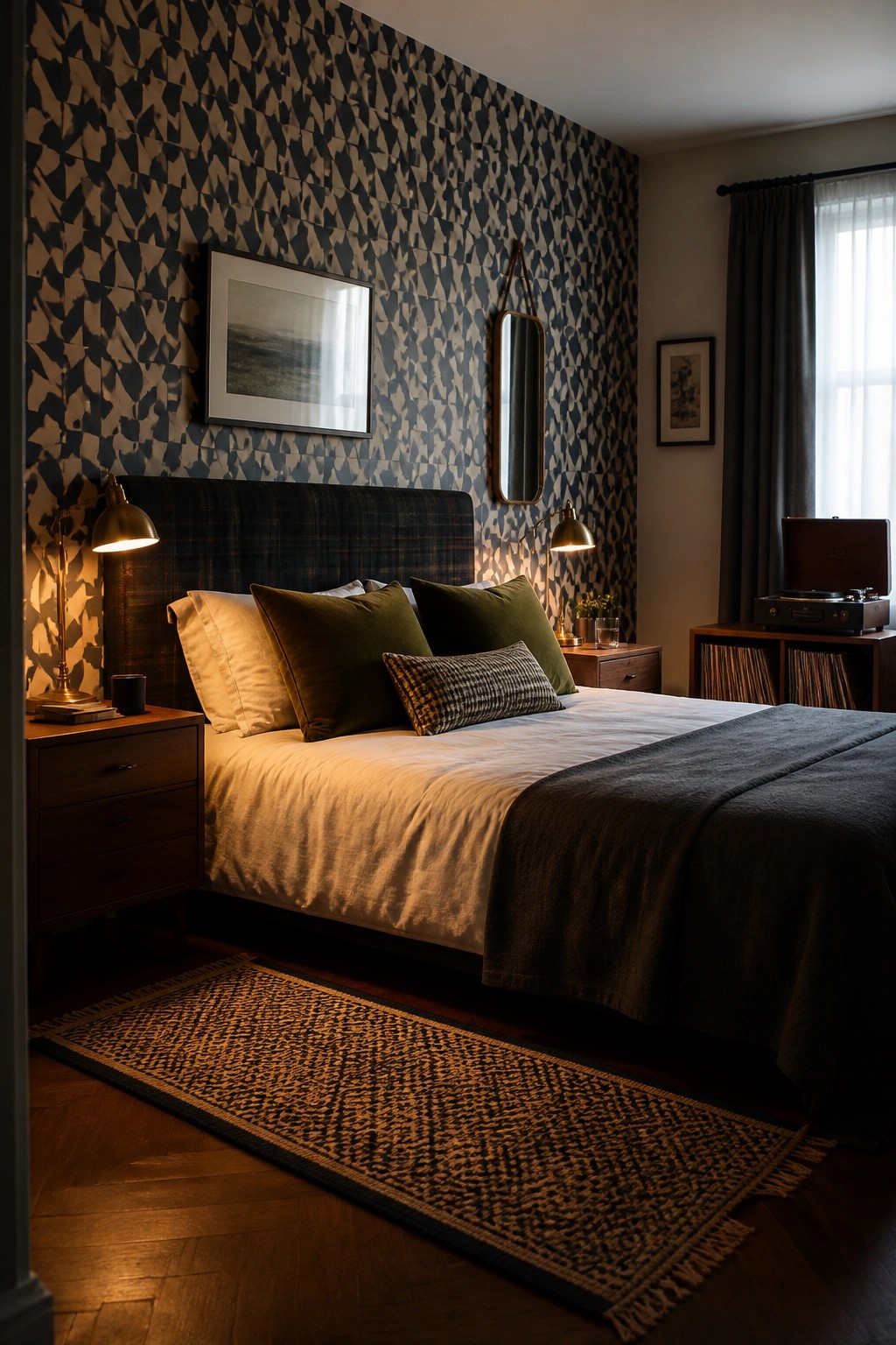A bedroom featuring a bed with white and green pillows against a blue and beige geometric patterned wallpaper wall, flanked by wooden nightstands with lit brass lamps.
