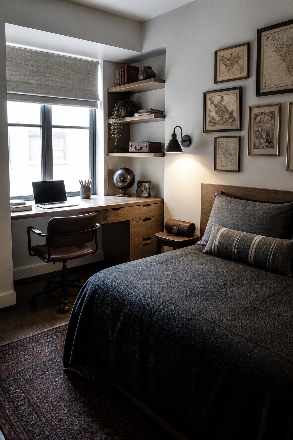 Cozy bedroom with dark bed, wooden desk by window, and framed map wall.