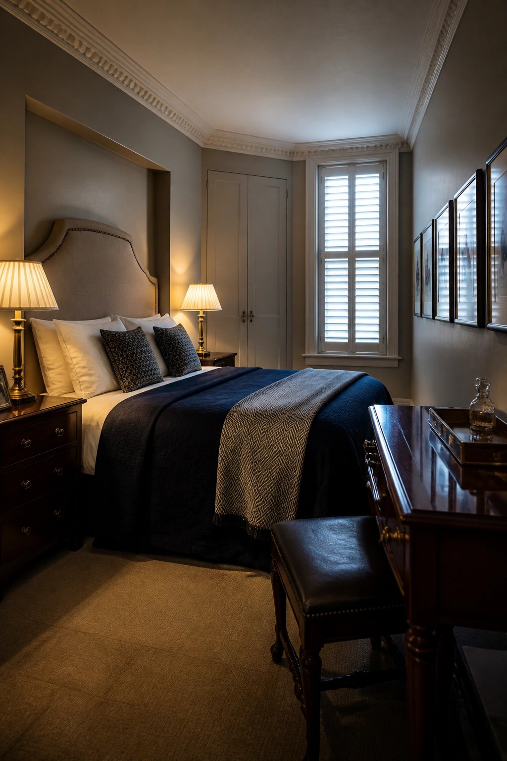 A bedroom with a recessed upholstered headboard, navy bedding, dark wood nightstands, and a window with shutters.