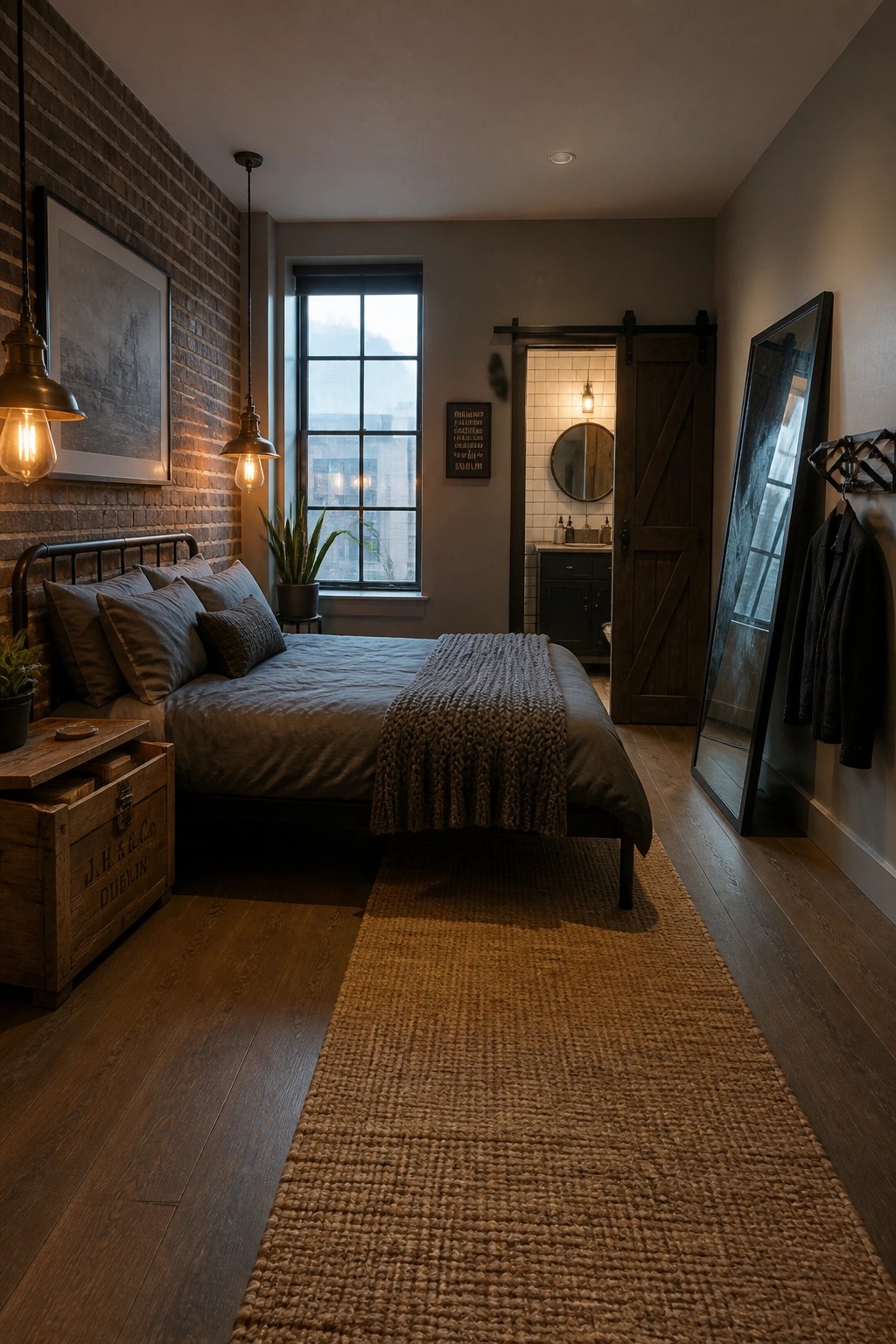 A bedroom with a metal bed, gray bedding, exposed brick wall, wooden crate nightstand, pendant lights, and a sliding barn door to a bathroom.
