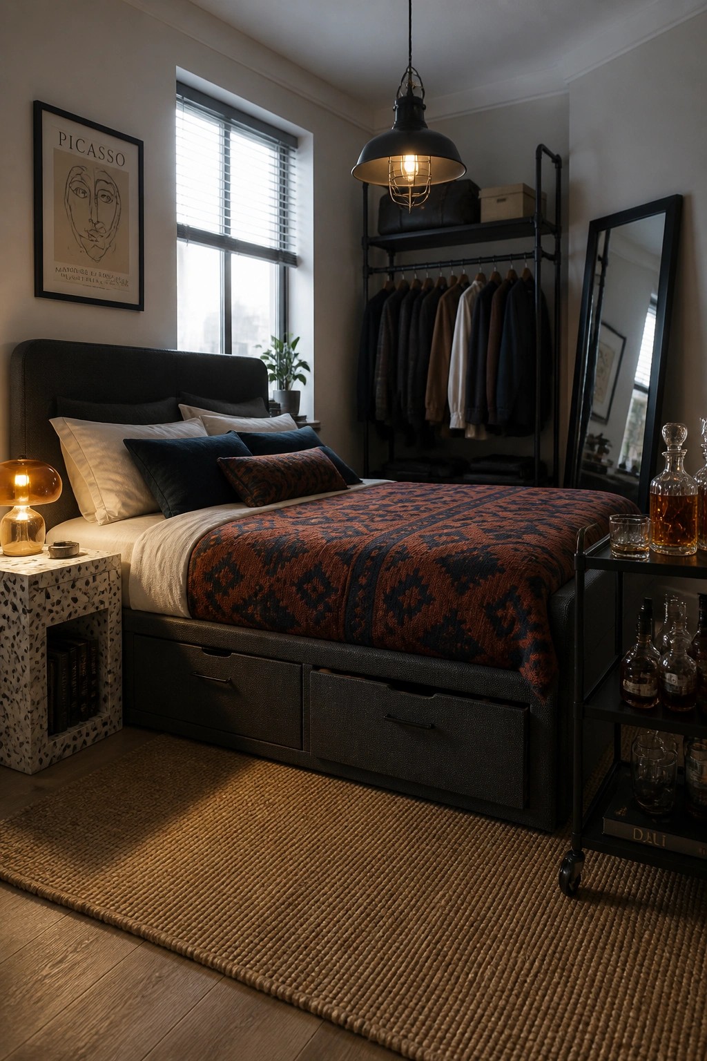 A bedroom with a dark upholstered bed that has three storage drawers underneath, an orange patterned blanket on top, a hanging pendant light, and a black clothing rack in the background.