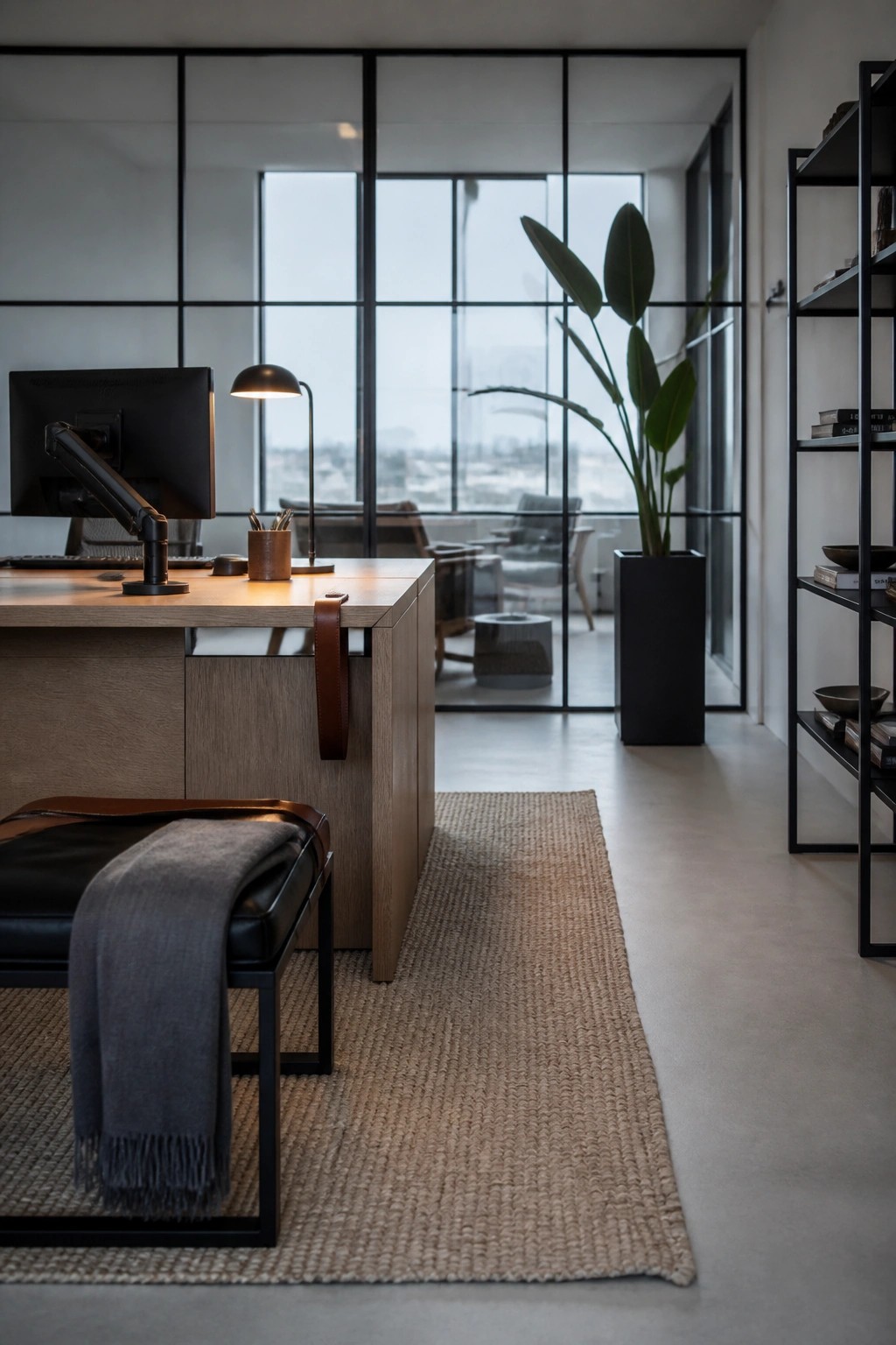 A modern masculine home office featuring a wooden desk with monitor on a large woven rug, a black leather bench with gray throw in front, and black metal shelving to the side.
