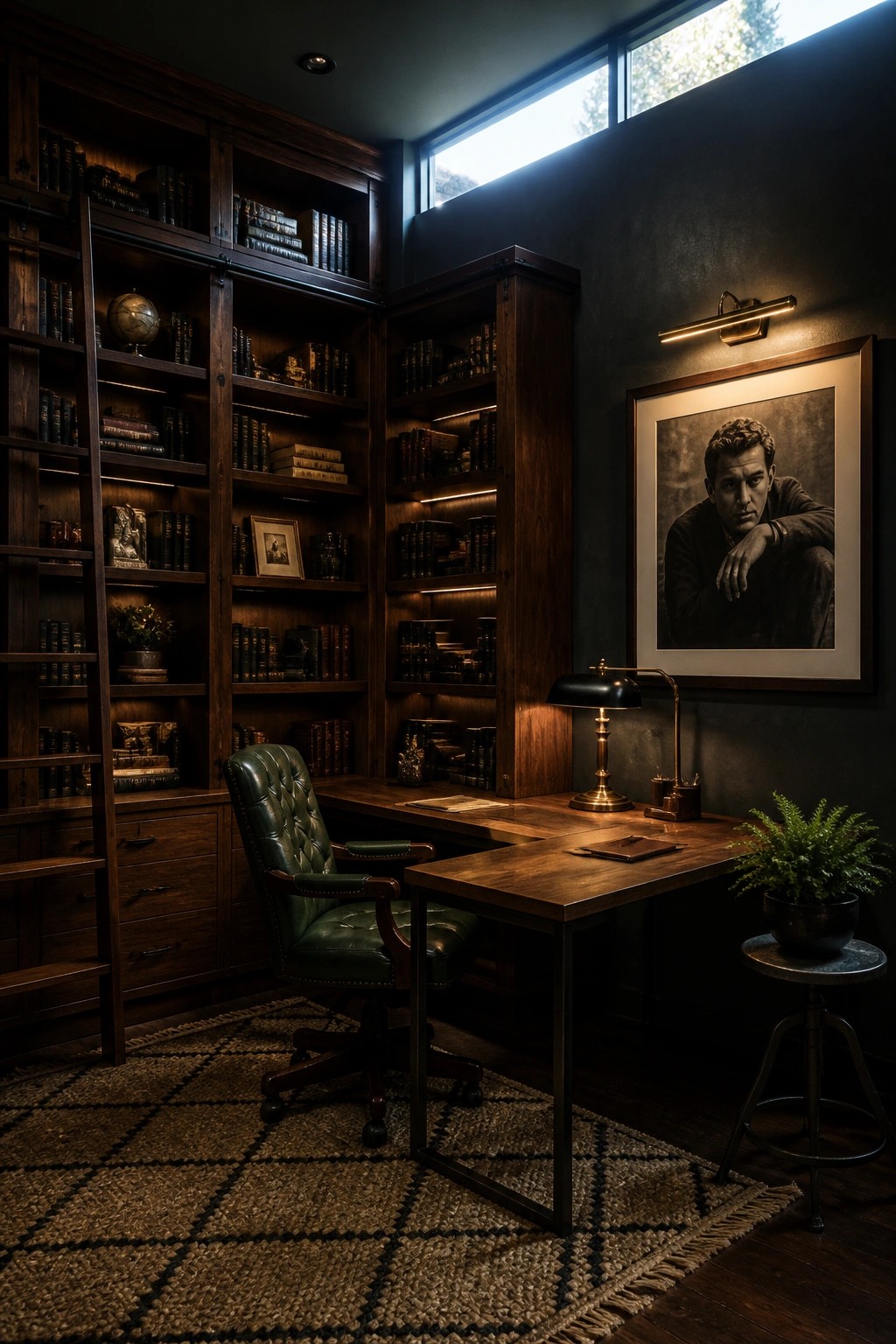 A dark wood home office with floor-to-ceiling built-in bookshelves, a large wooden desk, green leather chair, and a framed portrait on the wall.