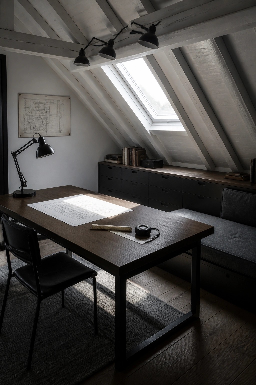 Attic workspace with wooden desk, blueprints, black chair, and skylight beams