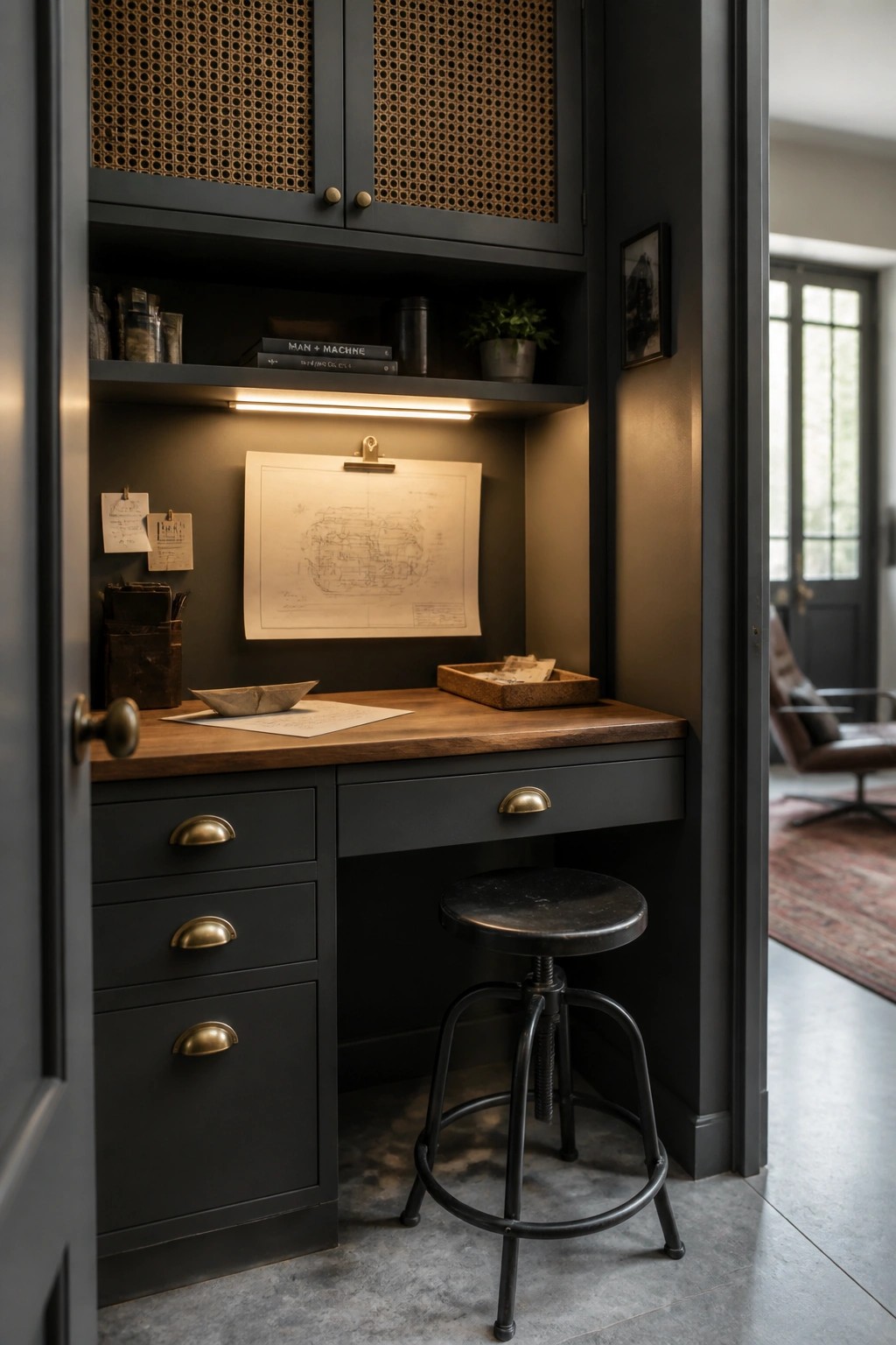 A compact built-in desk with dark cabinetry, wooden work surface, under-shelf lighting, black stool, and papers on the back wall.