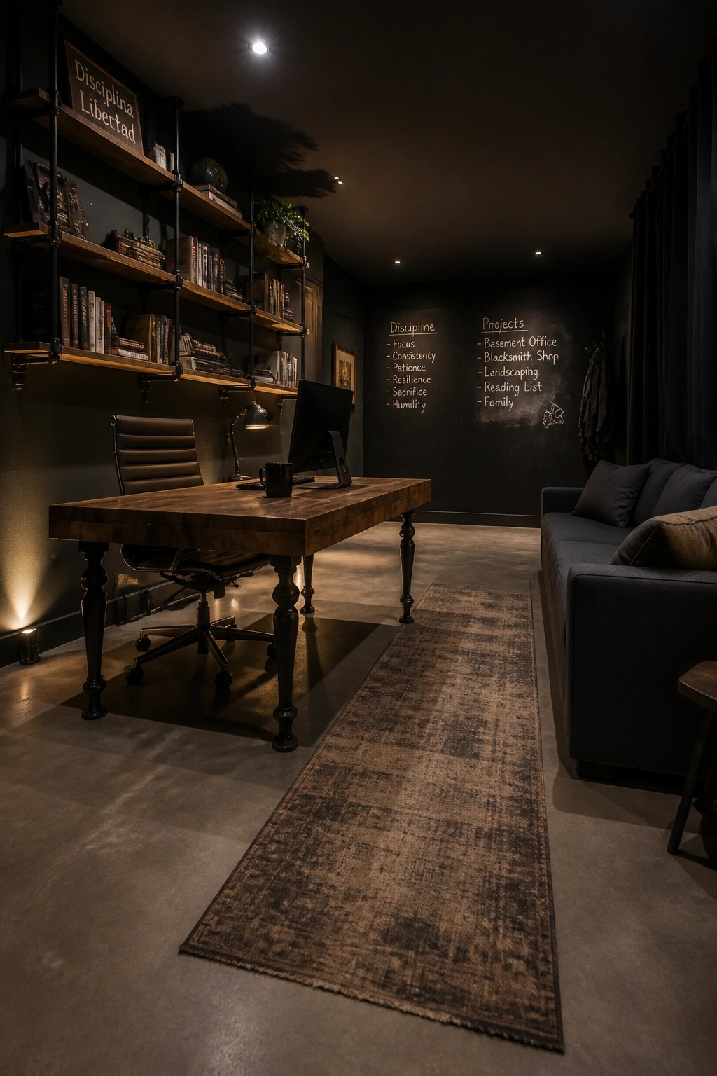 A masculine home office with a wooden desk, leather chair, industrial bookshelves, and a large chalkboard wall listing discipline traits and active projects.