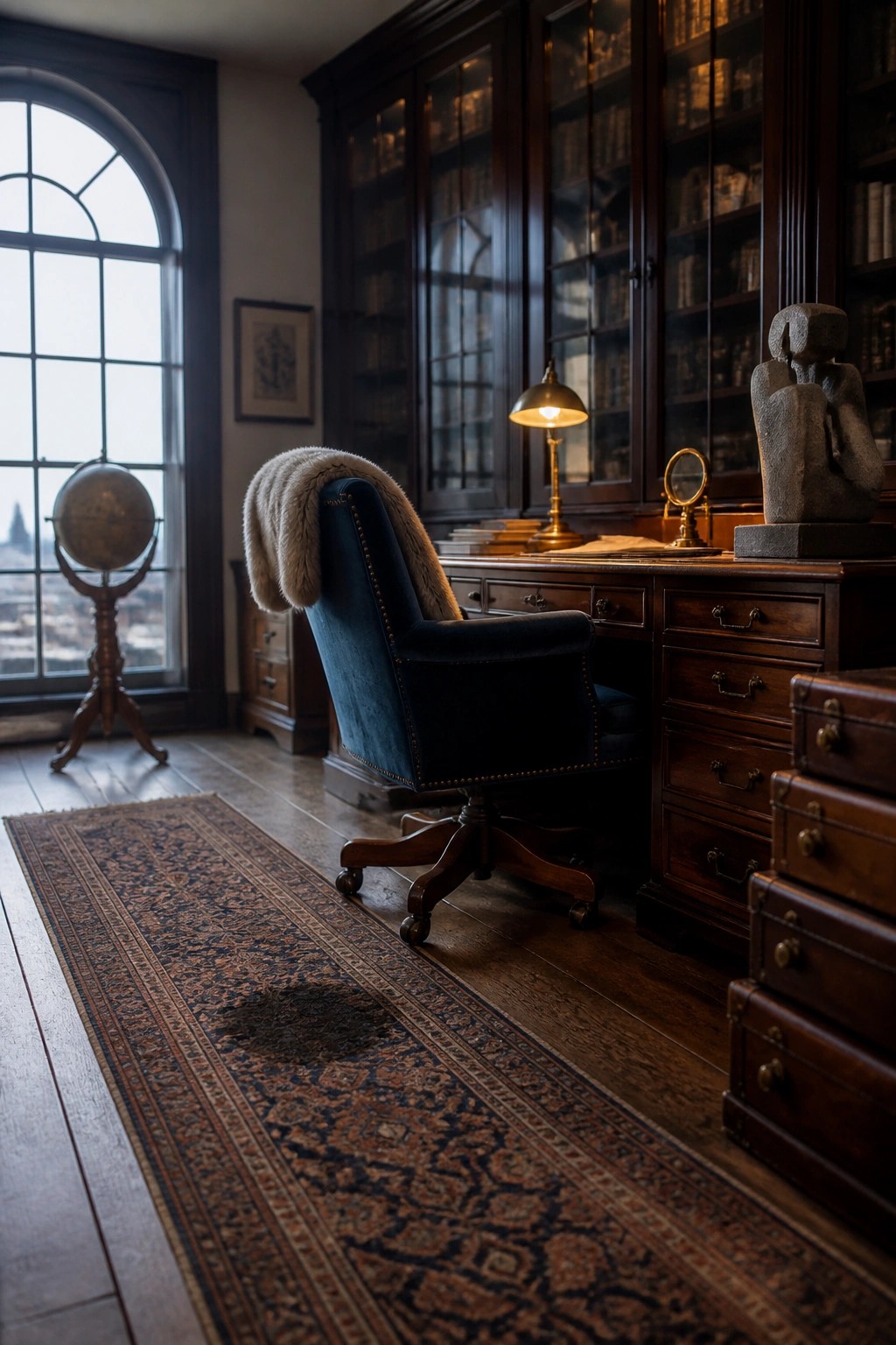 Elegant study with blue velvet chair at dark wooden desk and bookshelves