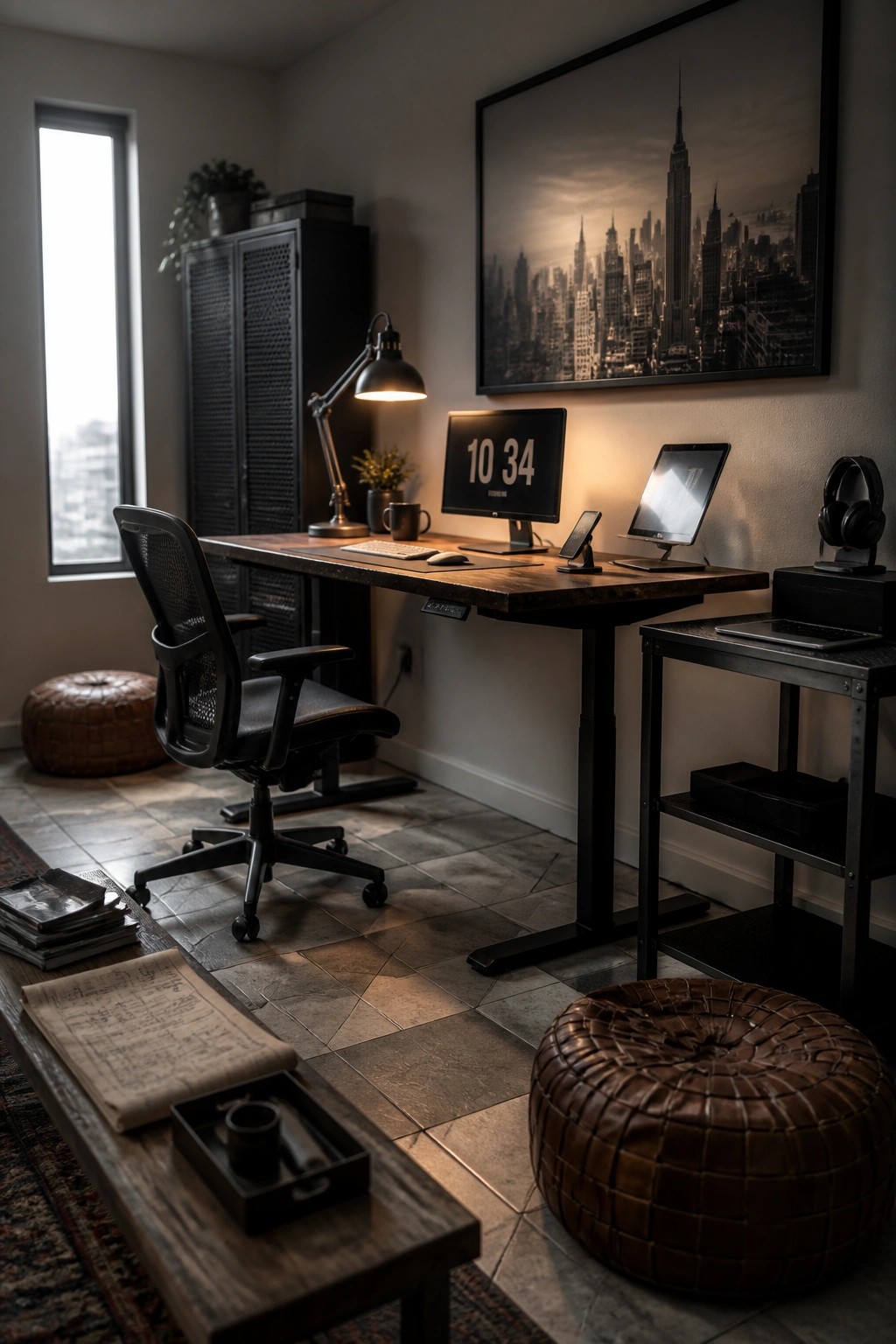 A masculine home office featuring a large wooden desk with a computer monitor, keyboard, and laptop, a black ergonomic chair, dark cabinetry, and a large black and white cityscape print on the wall.