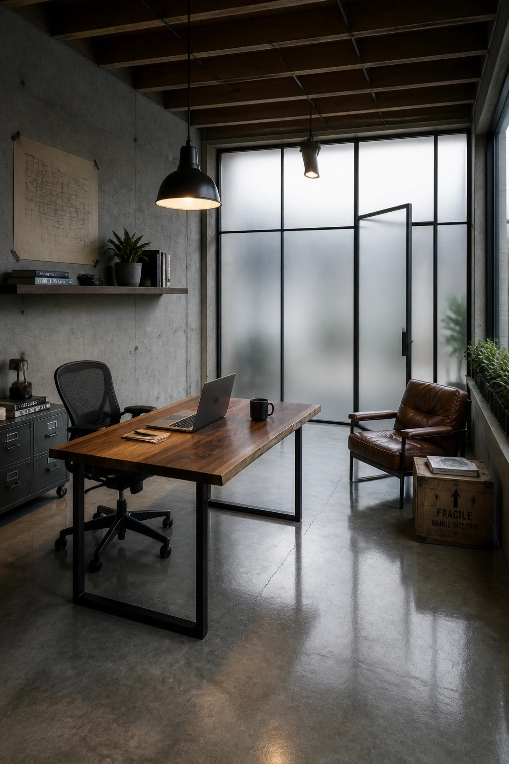 Modern industrial office with wooden desk, leather chair, laptop, and concrete walls.