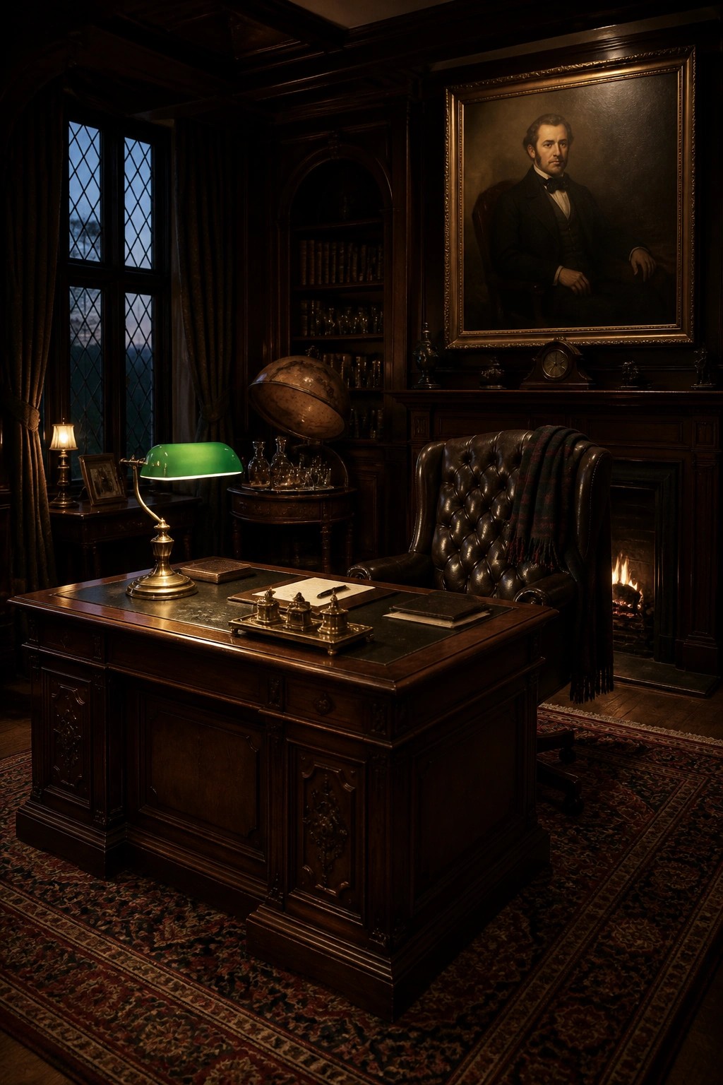 Dimly lit study with mahogany desk, green lamp, leather chair, fireplace, and portrait.
