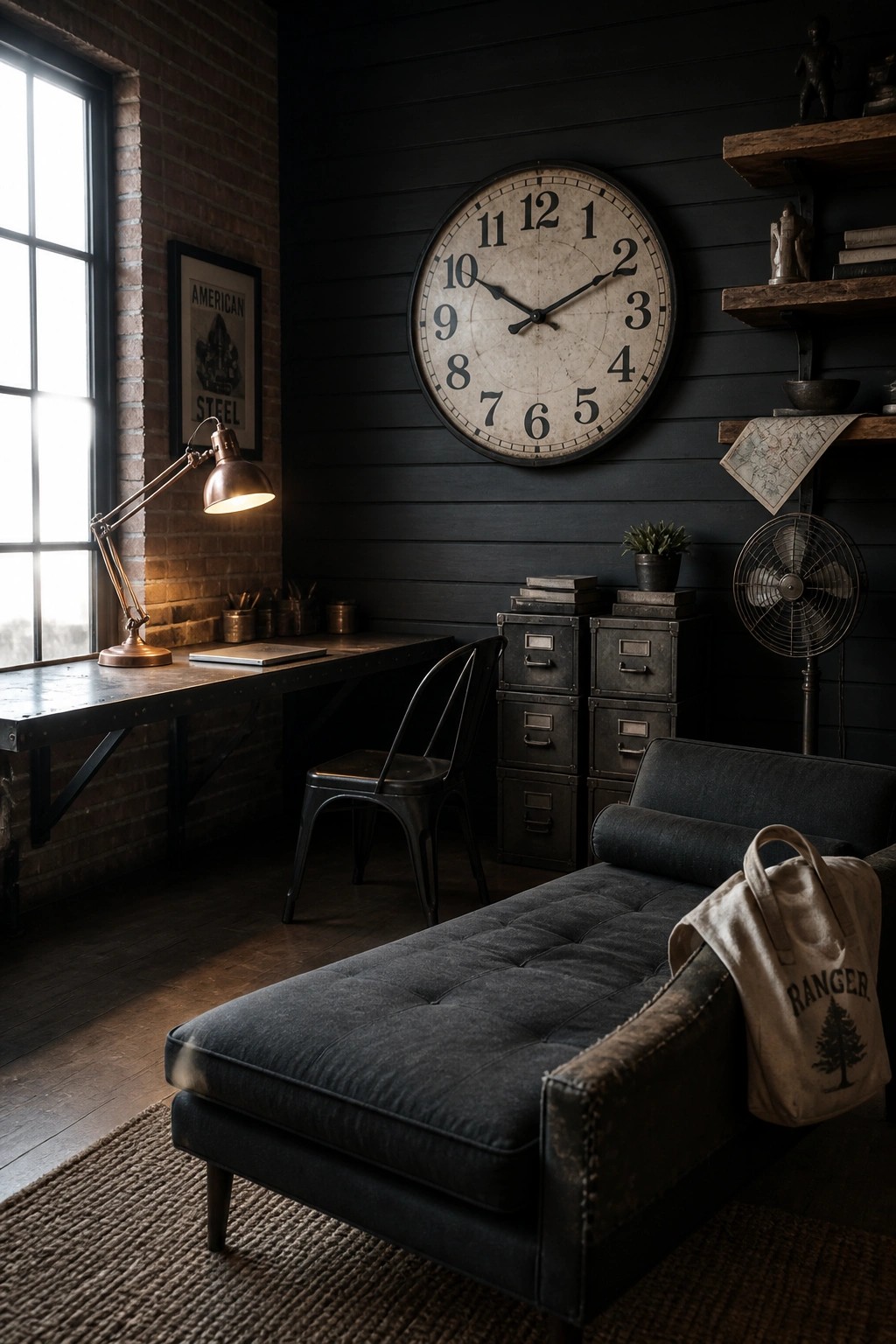 A masculine home office with black walls, a large vintage clock, an industrial metal desk, and a dark upholstered chaise.