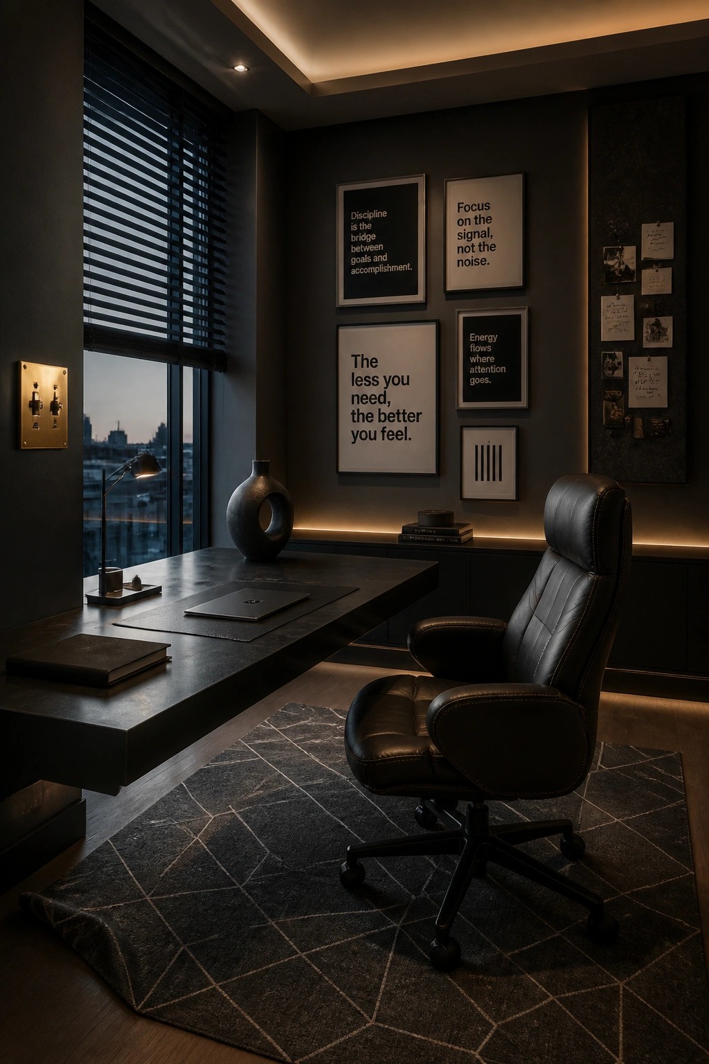 Dark leather office chair at sleek desk with city view and quote posters.