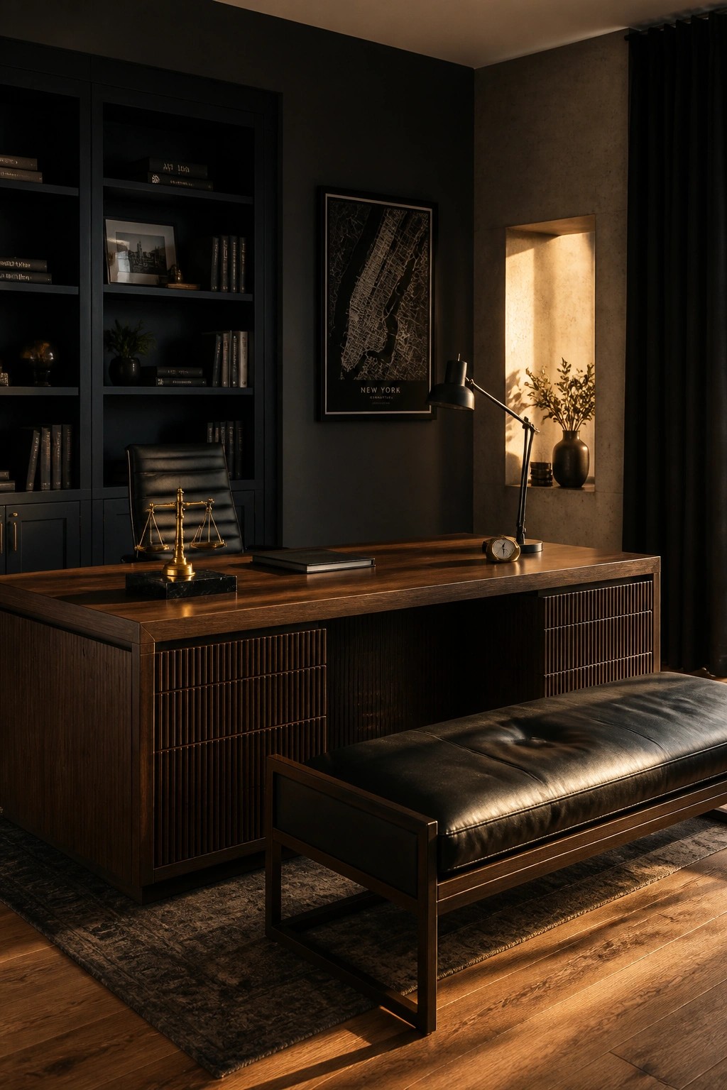 Dark wooden desk with leather bench in moody modern home office.