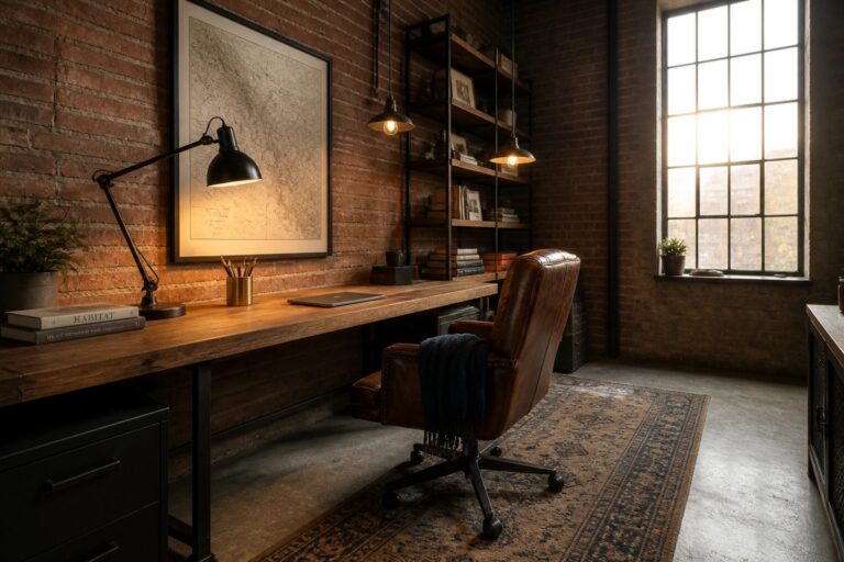 23 Smart Masculine Home Office Ideas That Boost Focus and Productivity A home office interior with a long wooden desk against a brick wall, brown leather office chair on a rug, computer monitor, black desk lamp, and large framed map.
