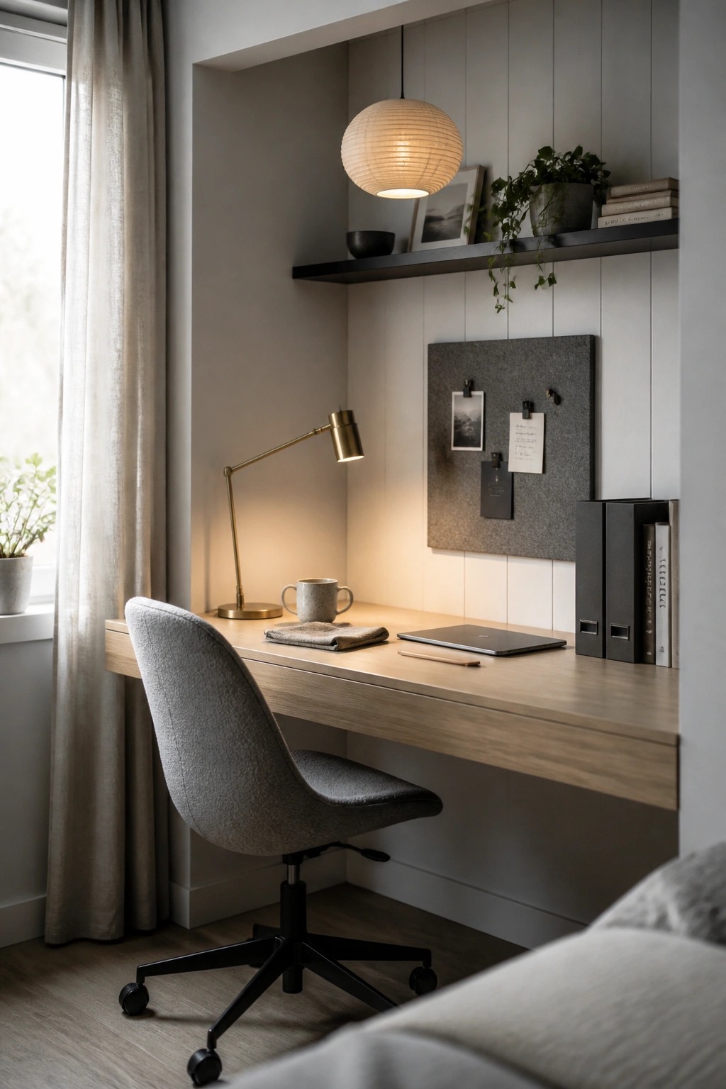 A home office nook featuring a floating light wood desk with a gray upholstered office chair, brass desk lamp, overhead black shelf, and felt pinboard on a paneled wall.