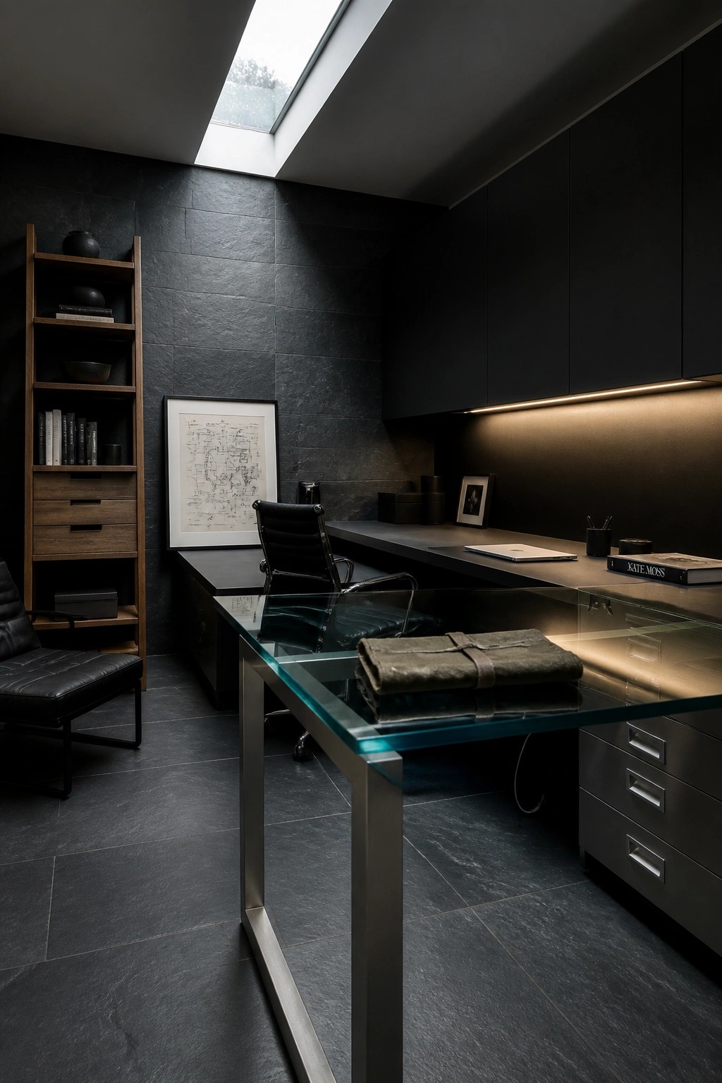 A modern masculine home office with a glass desk in the foreground, dark cabinetry along the wall, a black leather office chair, wooden shelving, and a skylight overhead.
