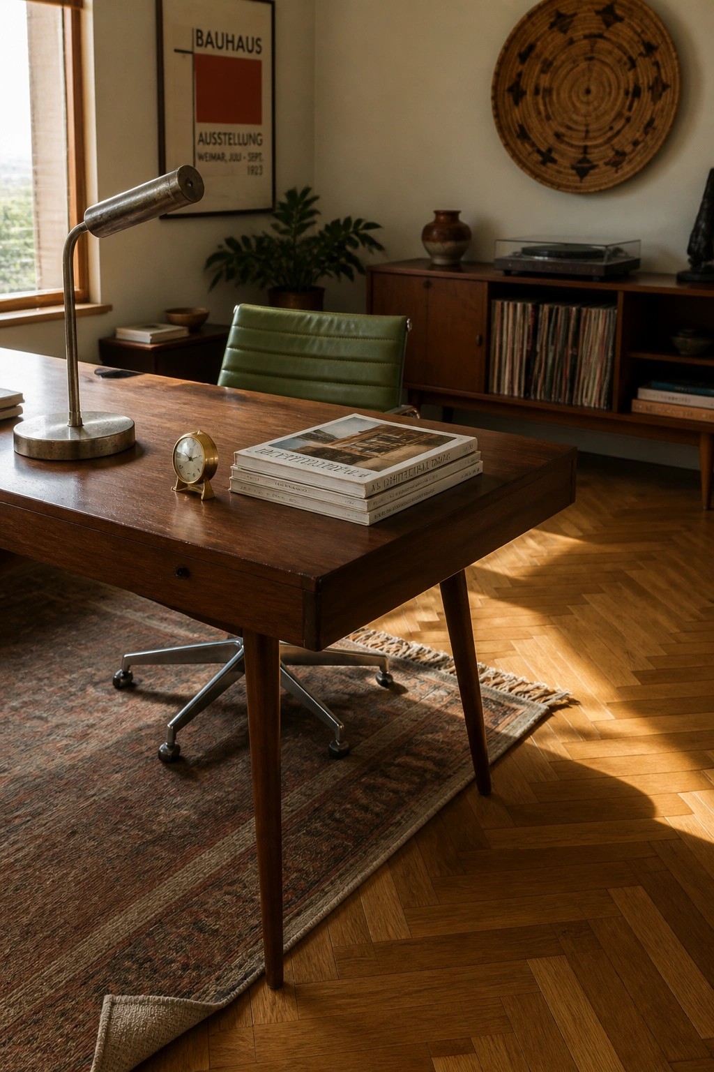 A wooden desk with tapered legs sits on a patterned rug in a home office, holding a metal lamp, small clock, and stack of books beside a green leather office chair.