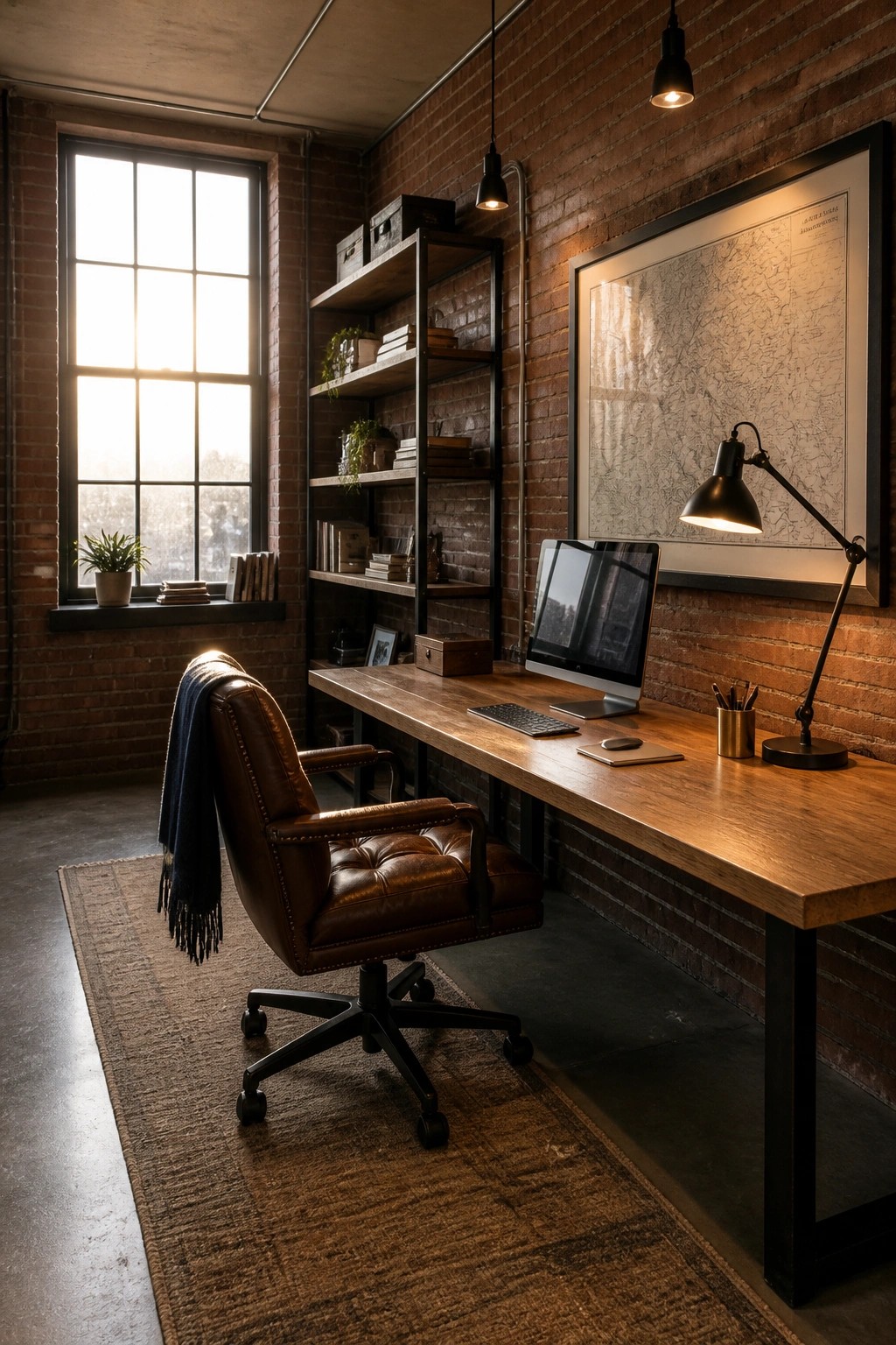 A home office interior with a long wooden desk against a brick wall, brown leather office chair on a rug, computer monitor, black desk lamp, and large framed map.