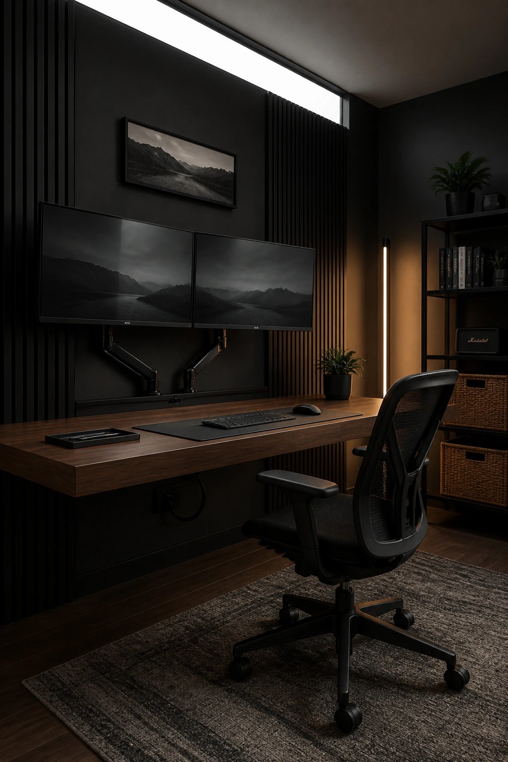 A dark masculine home office with a floating wood desk, dual monitors on wall-mounted arms, and a black ergonomic chair.