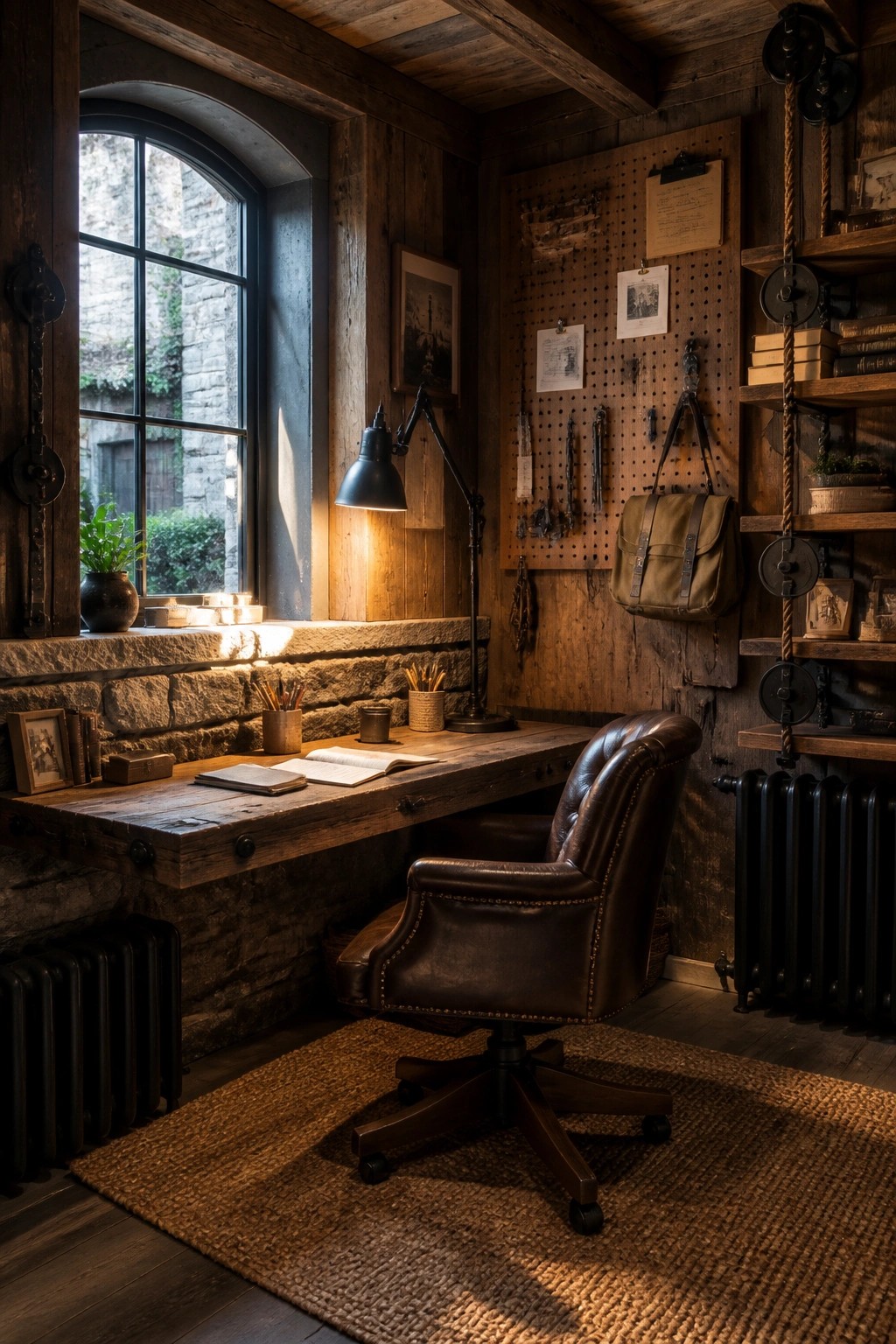 A wooden home office desk with a brown leather chair in front of a pegboard wall holding tools, papers, and a canvas bag.