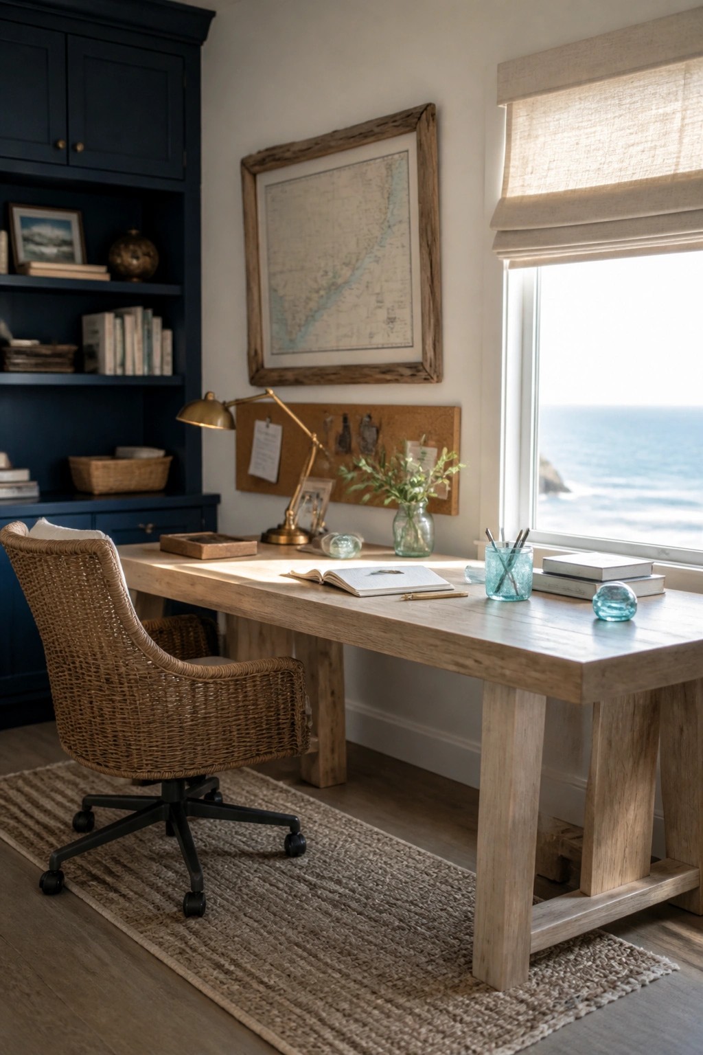 A home office with a light wood desk and woven swivel chair placed beside a large window overlooking the ocean, dark blue built-in shelves on the left, and a framed map above a corkboard.