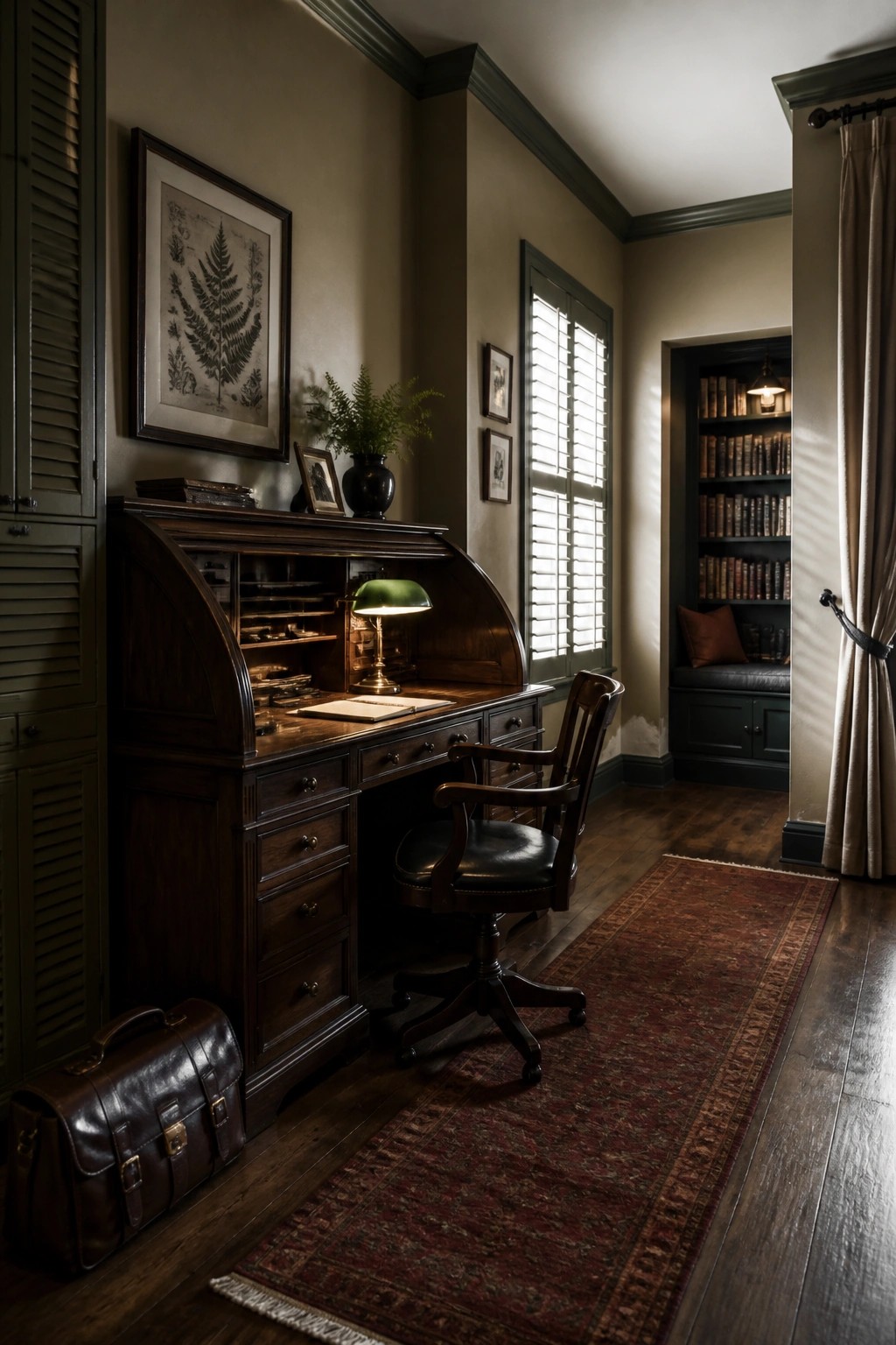A dark wooden roll-top desk with a green lamp sits in a home office with a black leather chair, red patterned rug, and built-in bookshelves visible in the background.