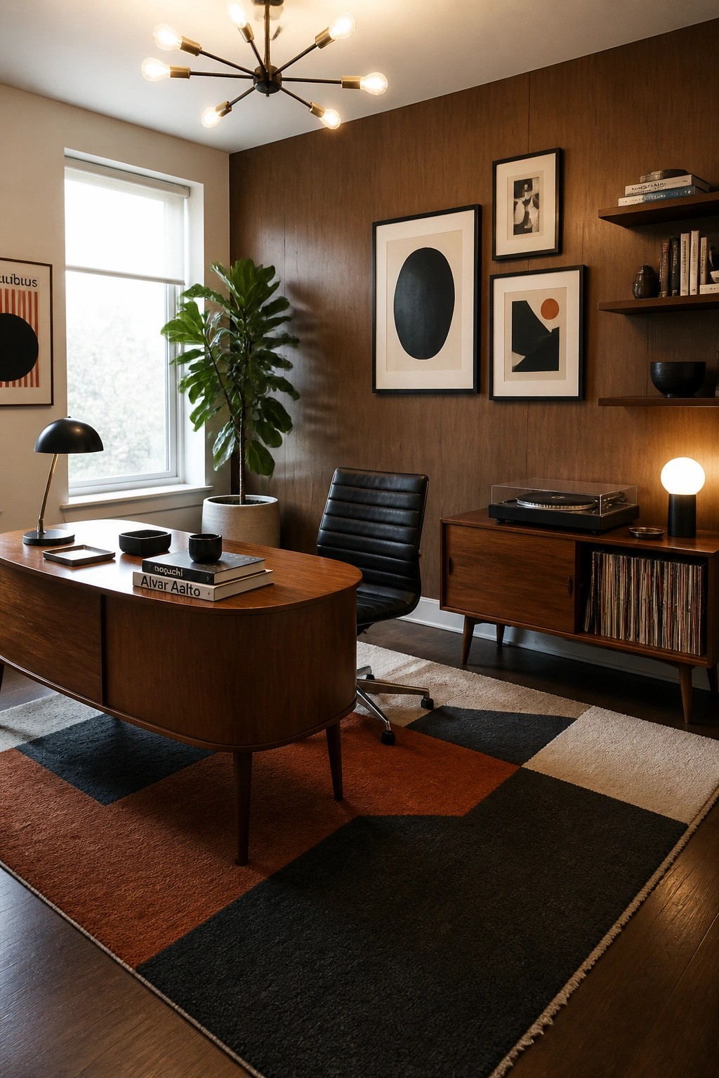 A home office with a curved wooden desk, black leather chair, wooden record cabinet, wood paneled walls, and a large geometric rug.