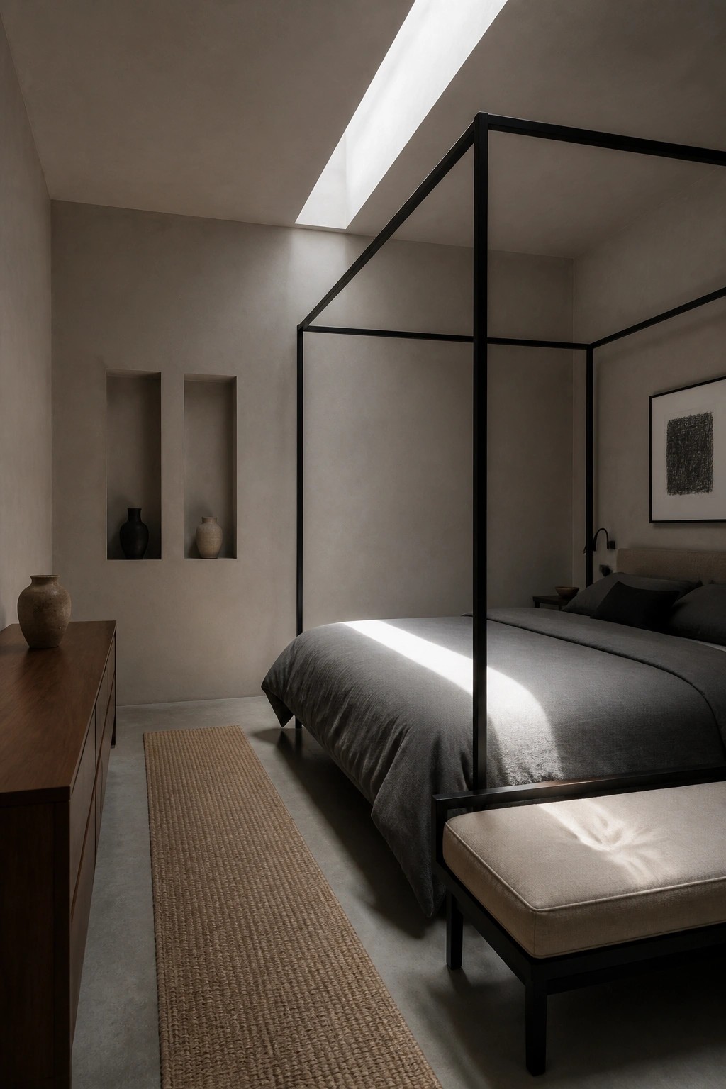 A minimalist bedroom with a black metal four-poster bed, gray bedding, recessed wall niches holding two vases, a wooden dresser on the left, and a skylight overhead.
