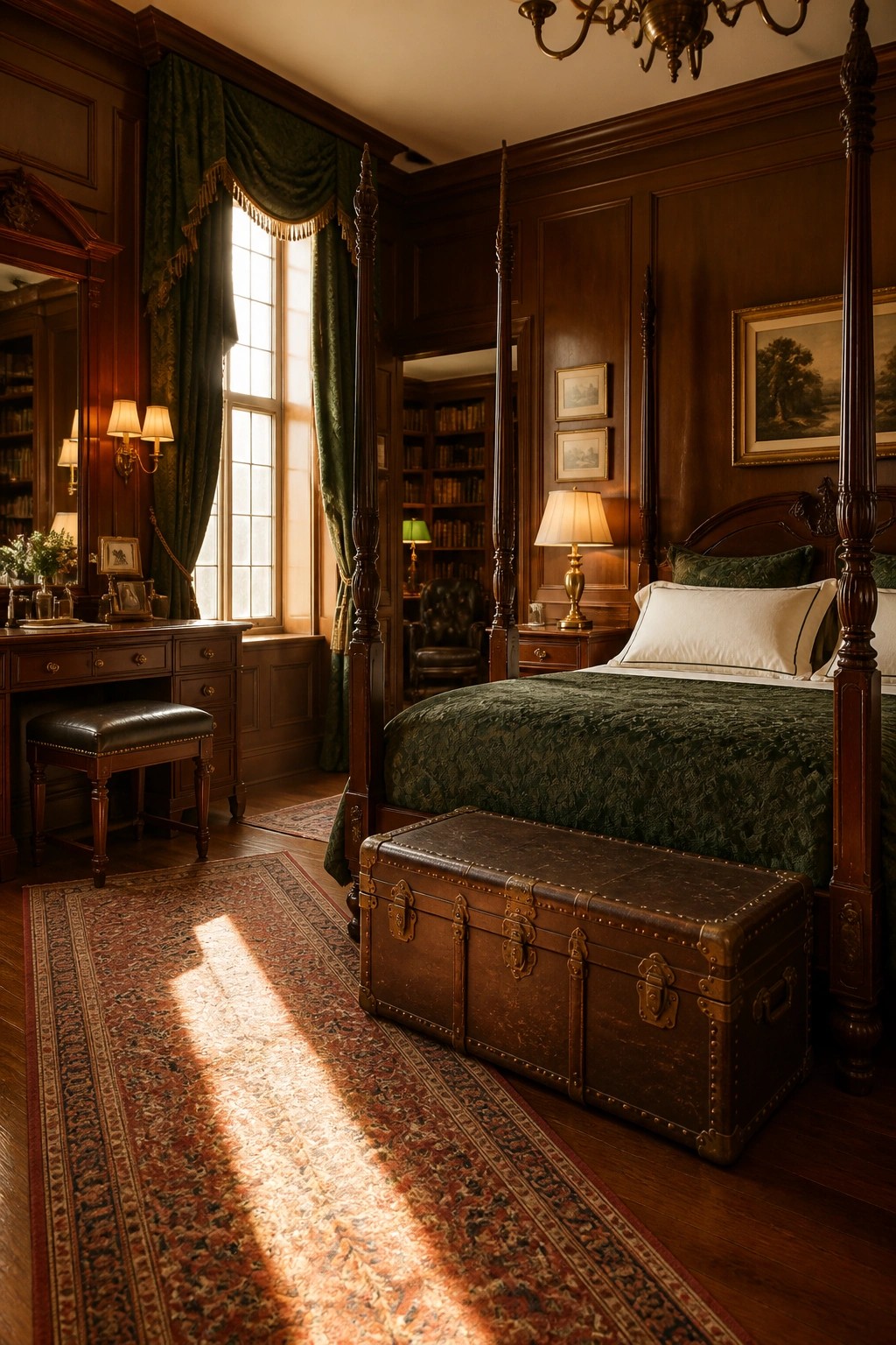 A traditional bedroom with dark wood paneling shows a four-poster bed dressed in green bedding and a large leather trunk positioned at the foot of the bed.