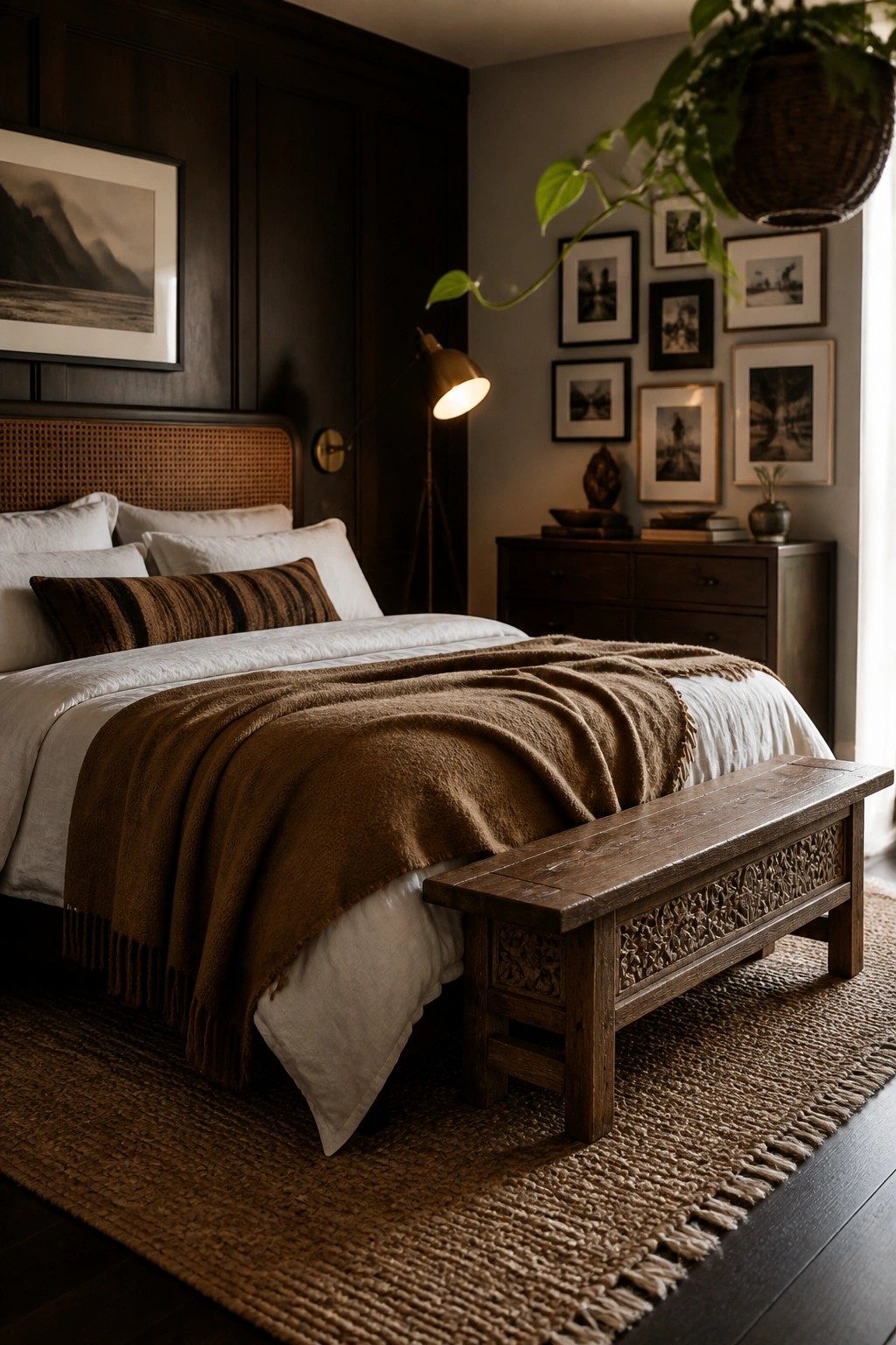 A bedroom featuring a bed with white bedding and a brown throw blanket, a carved wooden bench at the foot of the bed, dark wood walls, and a gallery wall on the right.