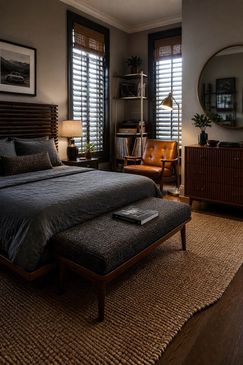Modern bedroom with dark bed, leather chair, record shelves, wooden dresser, and jute rug.