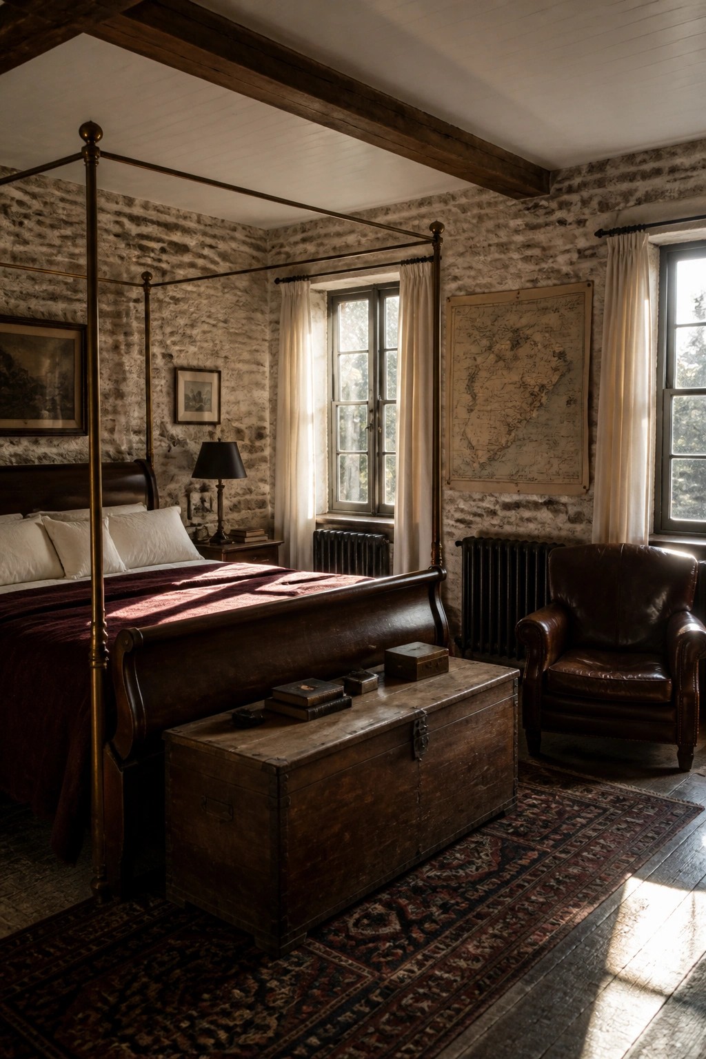 A bedroom interior featuring a four-poster bed with a dark wooden frame, a large wooden trunk at the foot of the bed, stone walls, a leather armchair, and two windows with curtains.